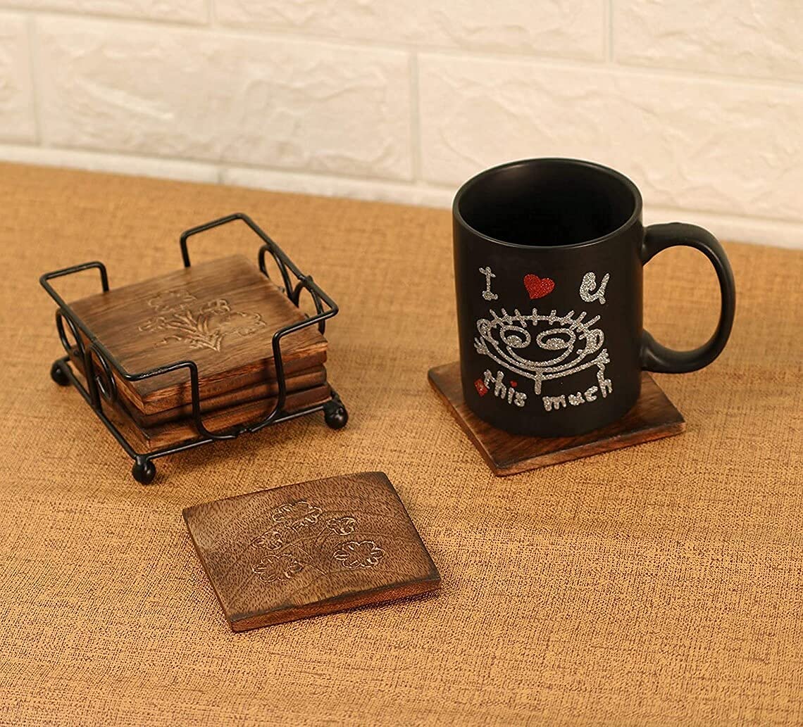 Homelywood Handcrafted Wooden Square Coaster Set with Metal Holder-picture-22