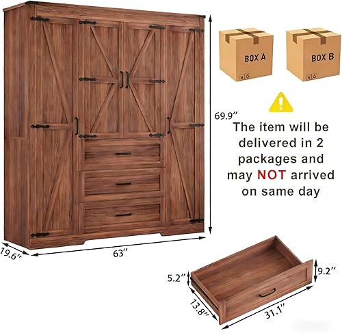 Miniatura 2 de Armario de 4 puertas con 3 cajones y cajones, armario de dormitorio de granja con barra para colgar y estantes ajustables, armario de almacenamiento