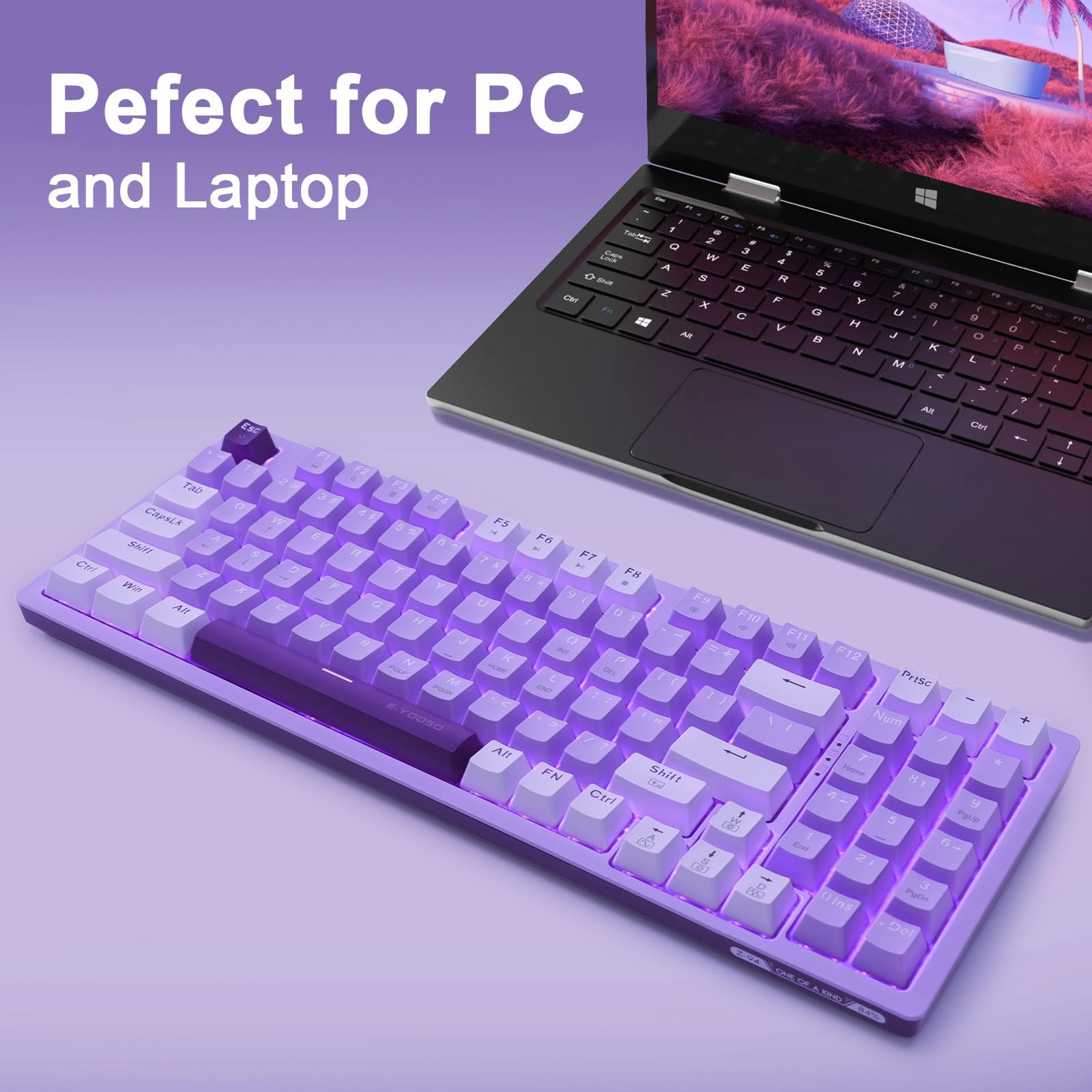 HUO JI Tastiera meccanica da gioco compatta con blocco numerico, retroilluminato a LED viola, interruttore rosso, cavo staccabile di tipo C, 94 tasti per PC/computer/laptop, viola e bianco