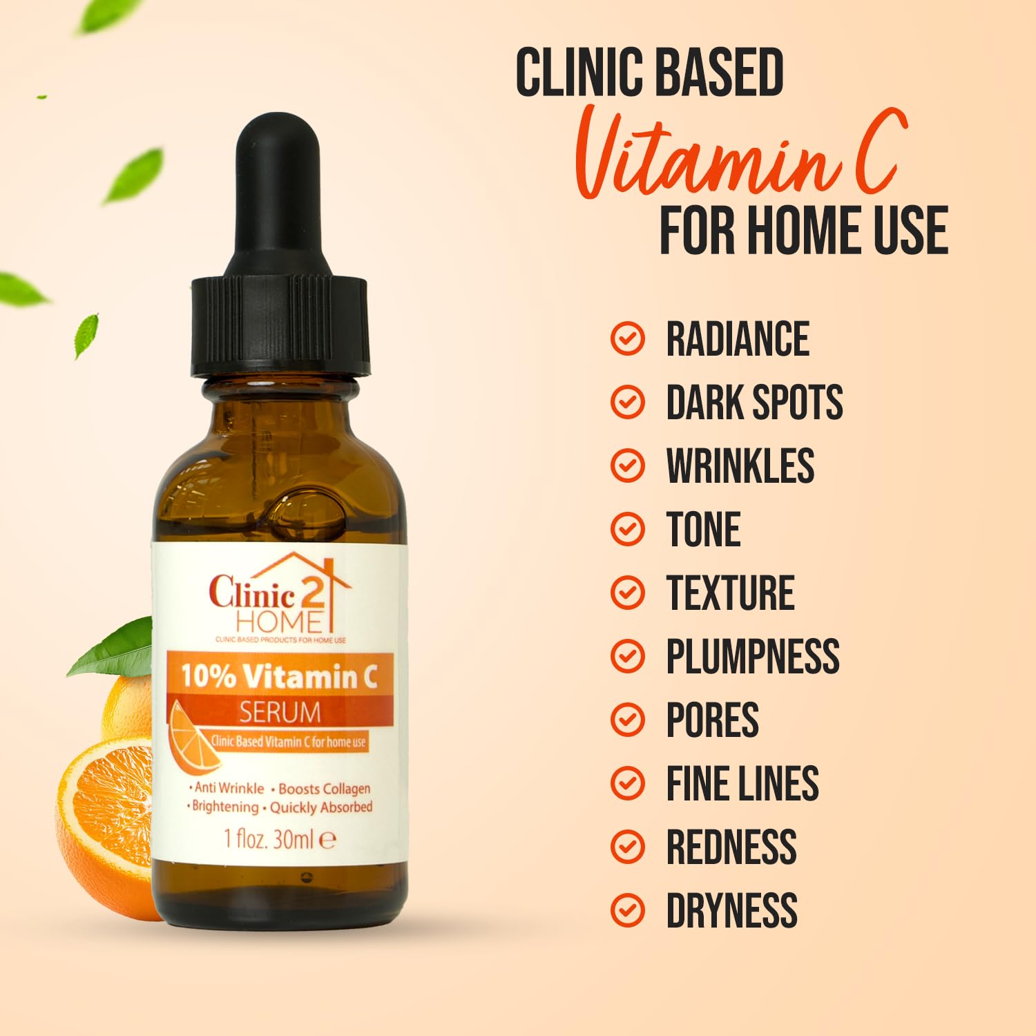 Clinic2Home Vitamin C Serum for Face, Powerful 10% Vit C Serum for Dark Spots Wrinkles & Fine Lines, Anti Aging - Image 2