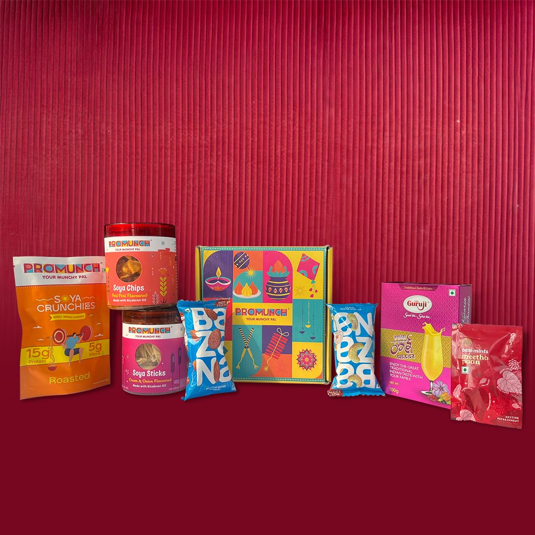 PROMUNCH Healthy Diwali Gift Hamper (Pack of 7) | Soya Sticks, Desi Barfi, Meetha Paan, Nuts, Candles & Greeting Card | Perfect for Corporate Gifting, Friends & Family | Protein Snacks Gift Box (Pack of 7)