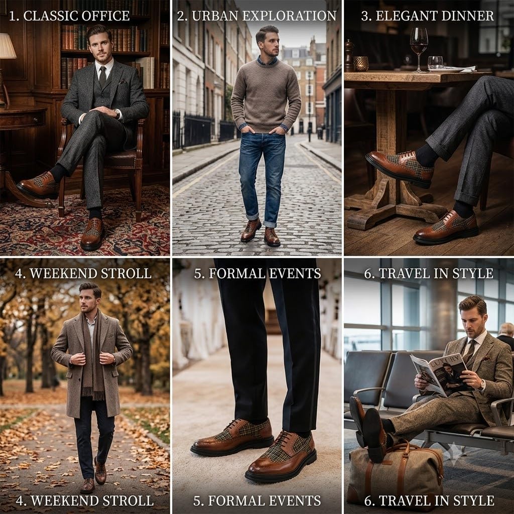 Herren Budapester Oxford Schuhe Klassische Lackleder Business Schuhe mit Kariertem Tweed Casual Festlich Hochzeit Elegant Derby