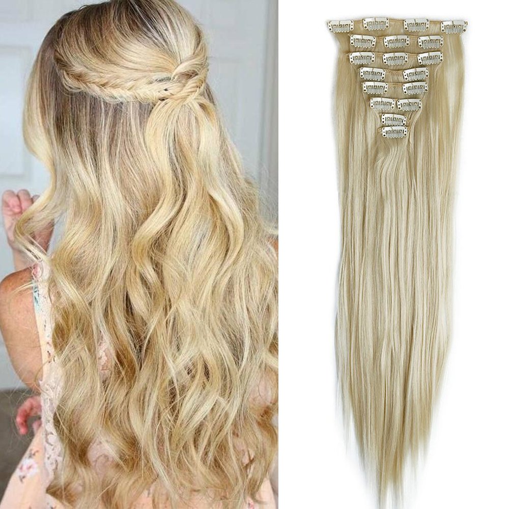23"(58cm) SEGO Extensiones de Clip Pelo Sintético Se Ve Natural 8PCS [Arena Oscura mezcla Rubio Claro] Cabello Liso Largo Postizos Pelucas para Mujer (140g) — view 36