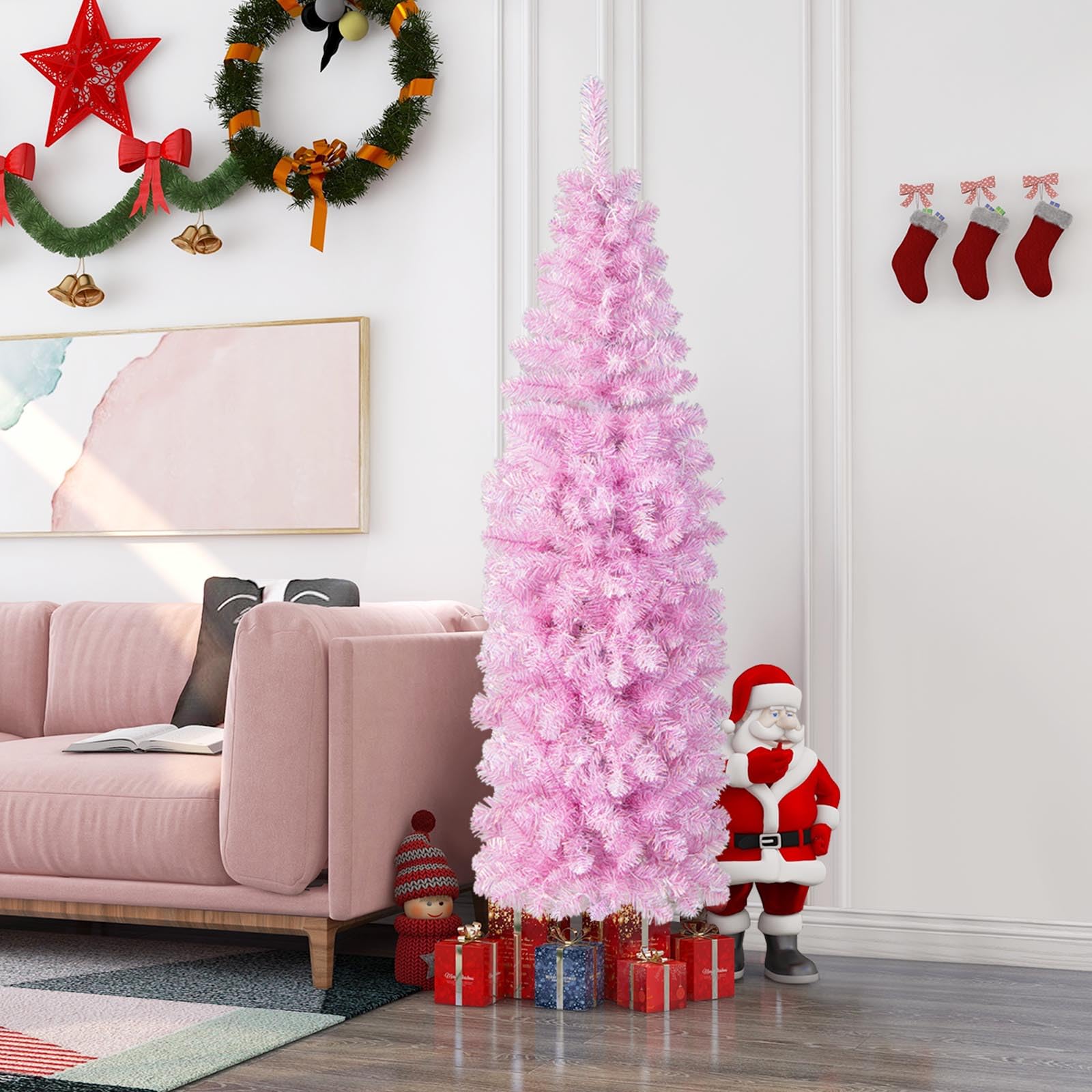 COSTWAY Sapin de Noël Artificiel Pré-éclairé de 180 CM, Arbre de Noël en Forme de Crayon avec 475 Pointes de Branches et 250 Lumières LED Blanc Froid, Support en Métal Pliable, Rose