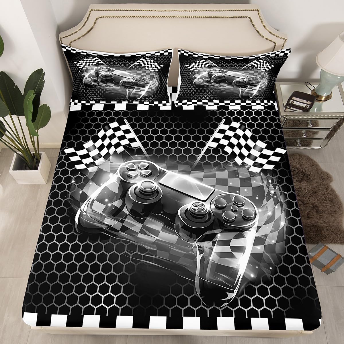 White Black Fashion Modern Style Fitted Sheet Queen Size Kids Gaming Bedding Sheet Set No Top Sheet,Gamepad Gamer Bed Cover Ultra Soft Breathable Bedding 3 Pcs