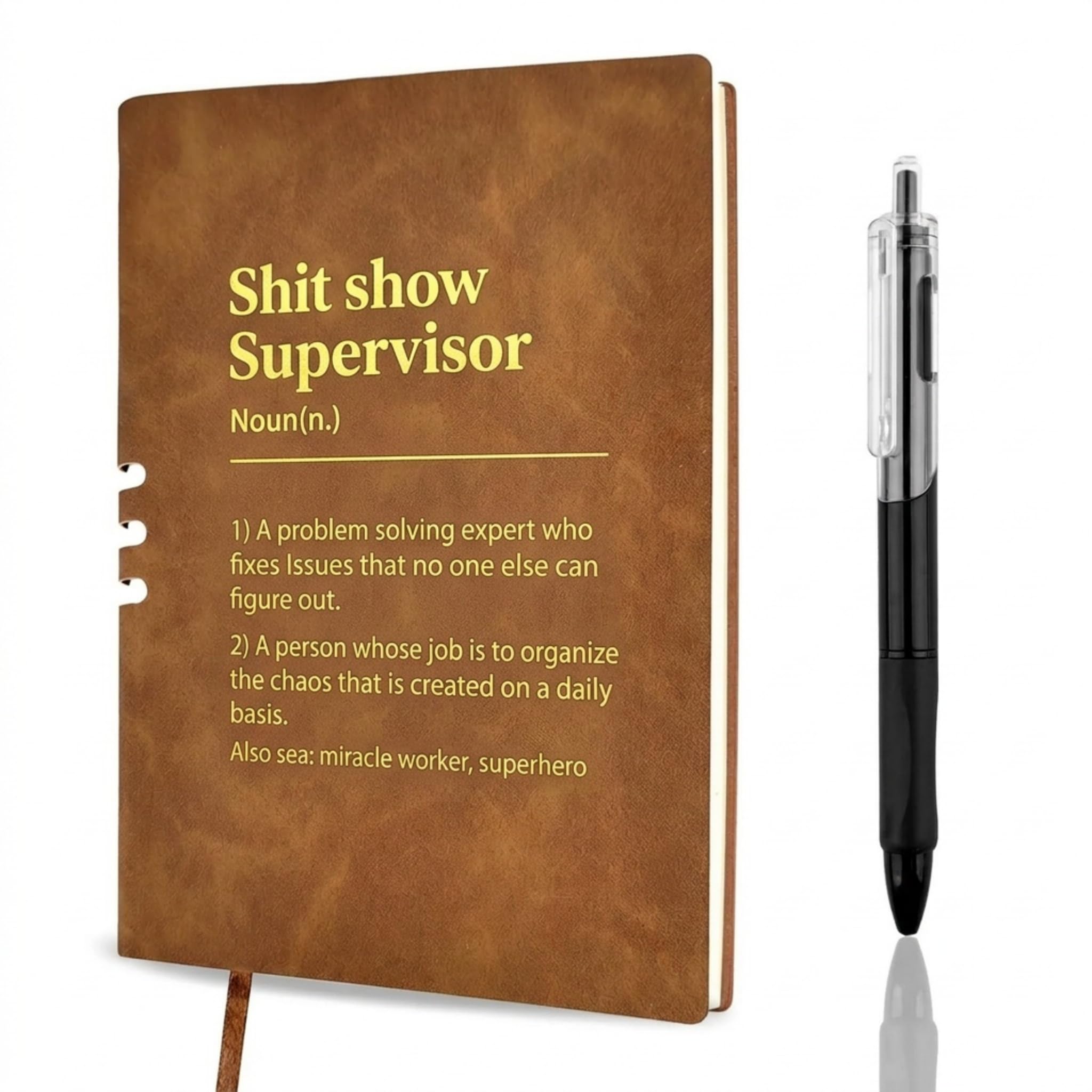 Funny Gifts for Men Women, Christmas Gift Ideas, Boss Coworker Manager Colleague Appreciation, Unique Gag Gift for Office Staff, Faux Leather Notebook and Black Gel Pen, 2 Pieces (Supervisor, Brown)