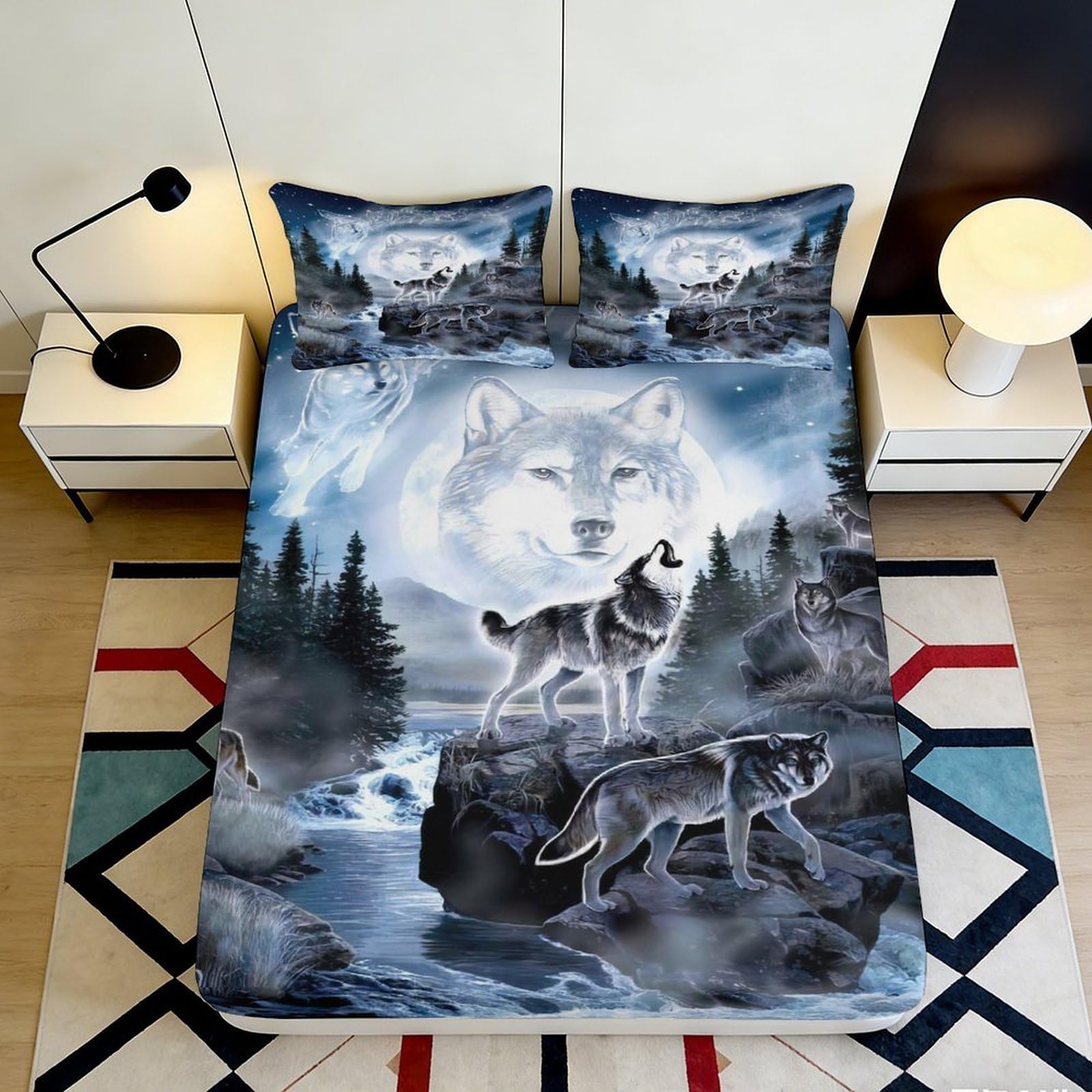 3D Printed Wolf Moon Fitted Sheet Microfiber Soft Breathable Night Forest Bed Cover for Bedroom Dormitory Guest Room Mattress Protection Decoration 120x200x25cm