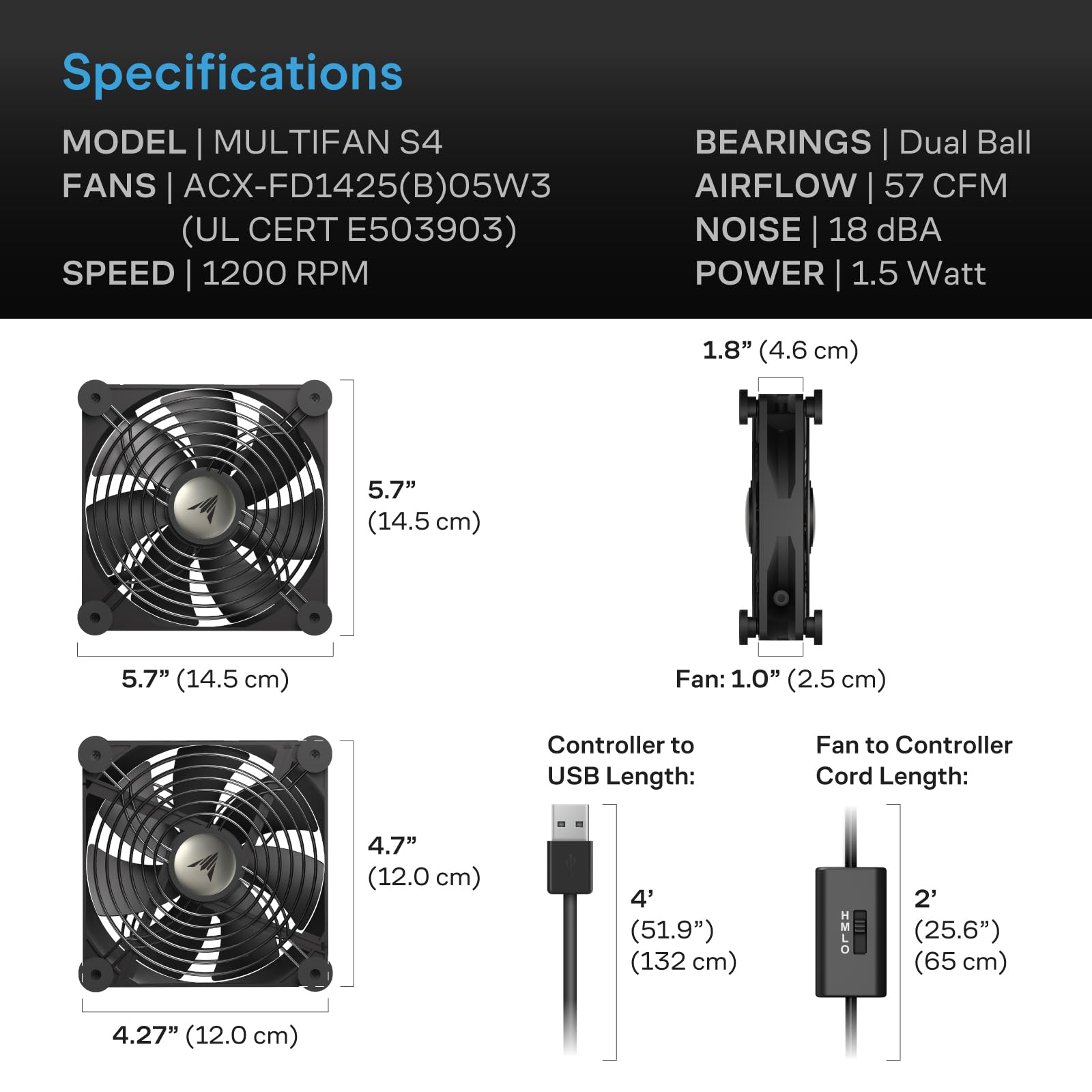 AC Infinity MULTIFAN S4, Ventilateur USB silencieux de 140 mm, certifié UL pour récepteur, magnétoscopes numériques, PlayStation, Xbox, refroidissement pour armoire d'ordinateur