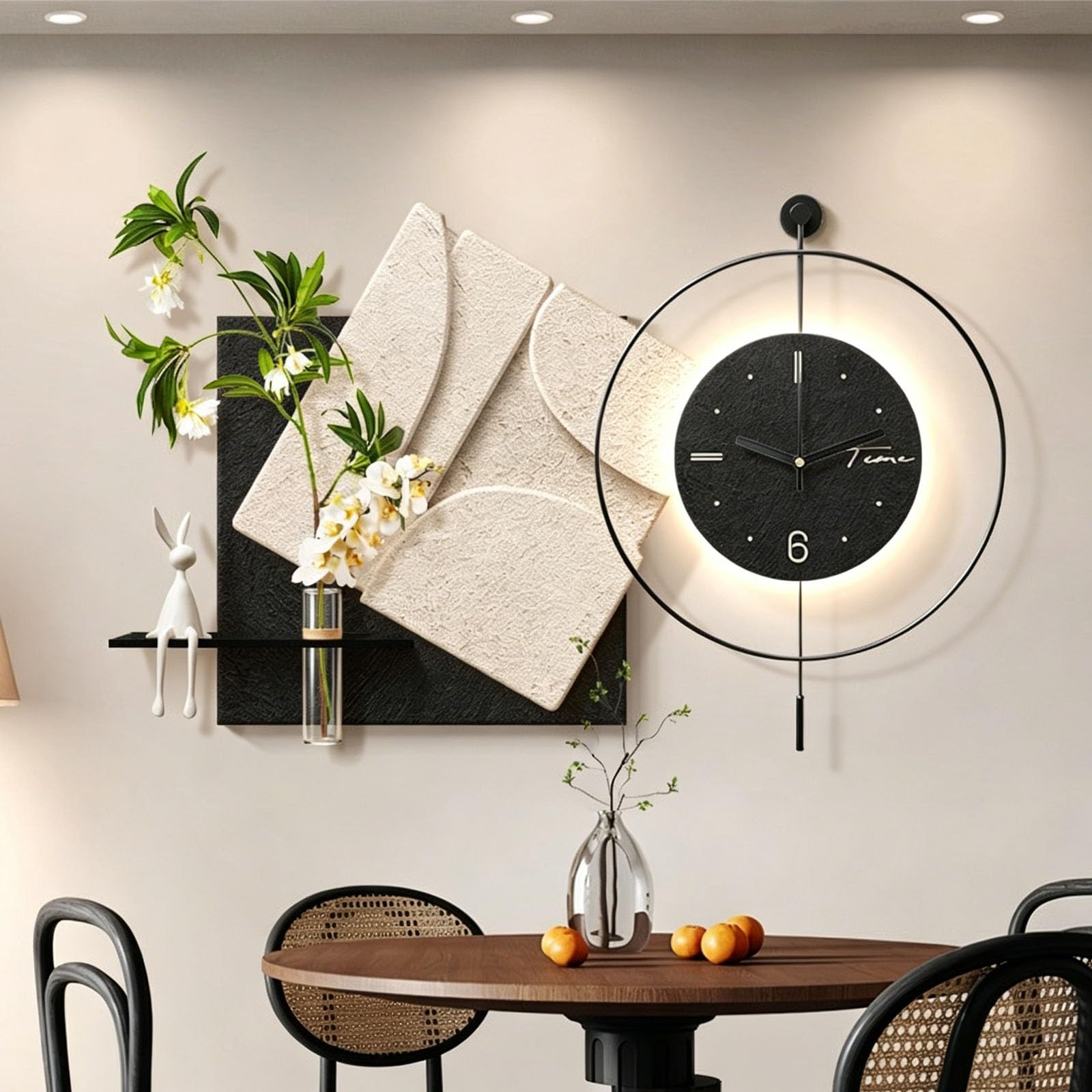 3D Sandstone LED Illuminated Wall Decor — Modern Aesthetic Hanging Clock & Suspended Art (Featuring Faux Greenery) — Decorative Wall Clock for Living Room & Bedroom(D,60*80cm/23.6*31.5)
