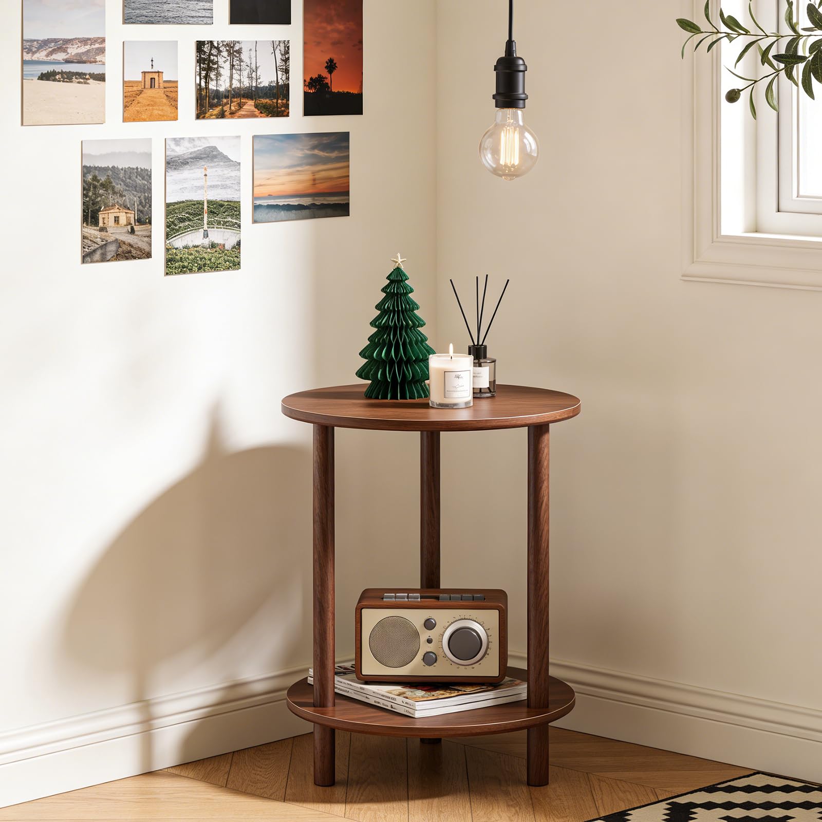 Table d'appoint ronde en bambou, diamètre 40 cm, hauteur 53 cm, noyer foncé, double couche, moderne, pour salon, chambre, couloir