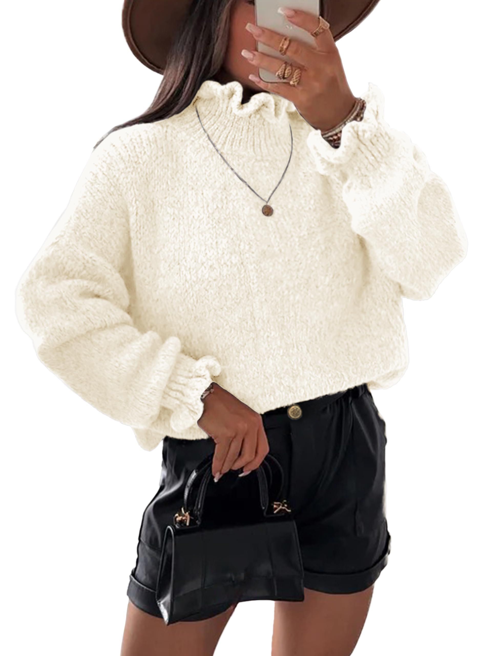 Simplee Womens Oversized Long Sleeve Fall Sweaters Ruffle Turtleneck Chunky Knit Sweater Casual Winter Pullover 2025