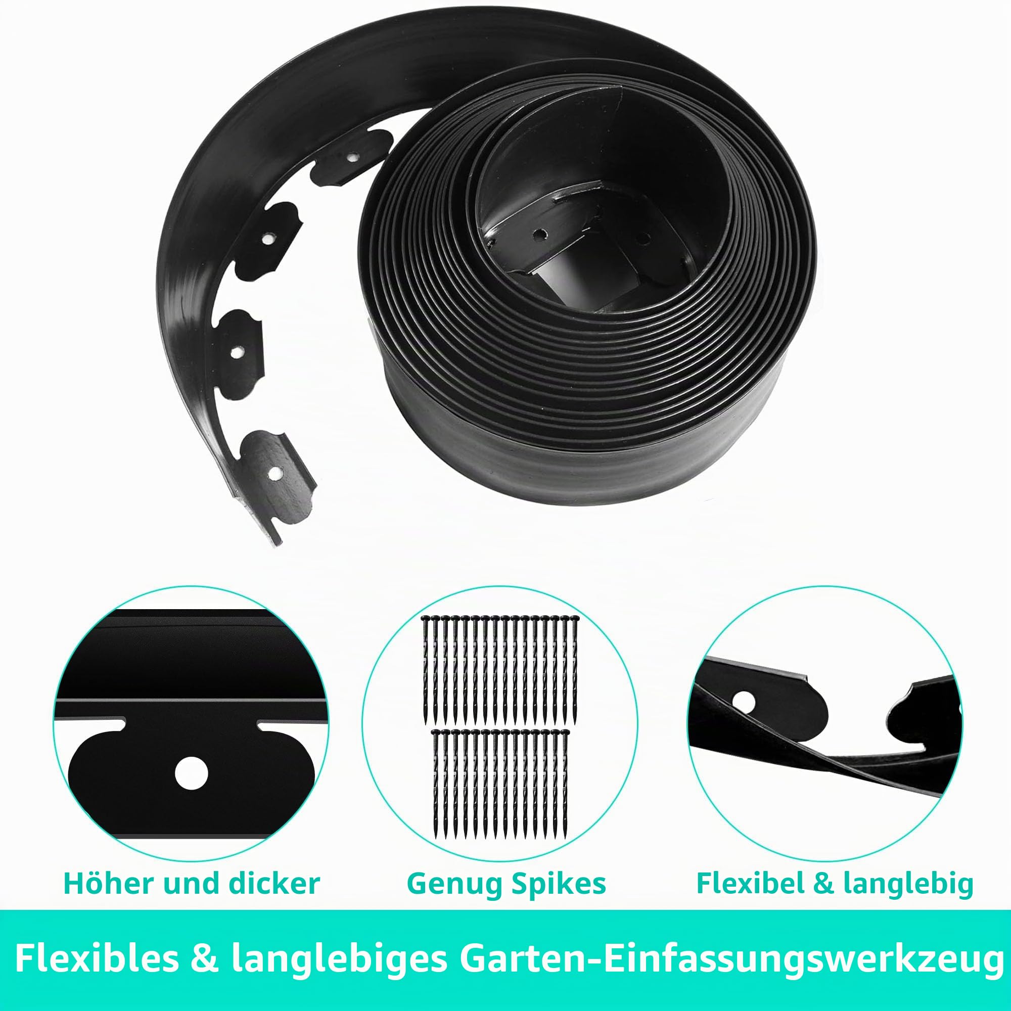 Flexible Rasenkante Kunststoff, Länge 20 m Höhe 10 cm, Landschaftseinfassung mit 60 Erdanker, Beeteinfassung, Beetumrandung Rolle für Rasen, Blumengarten, Hof, Schwarz