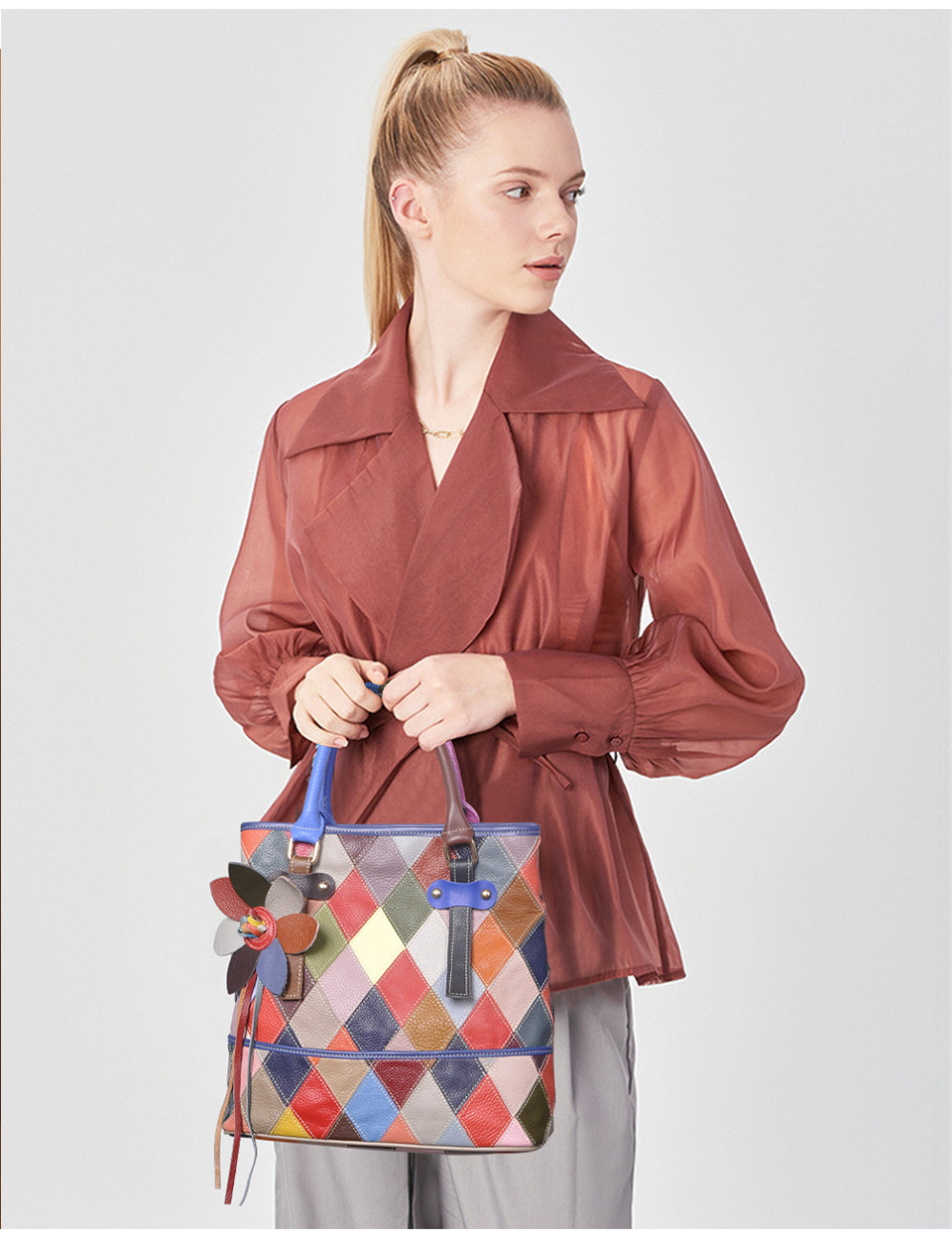 Bolso Tote de cuero genuino para mujer con flores 3D miniatura 7