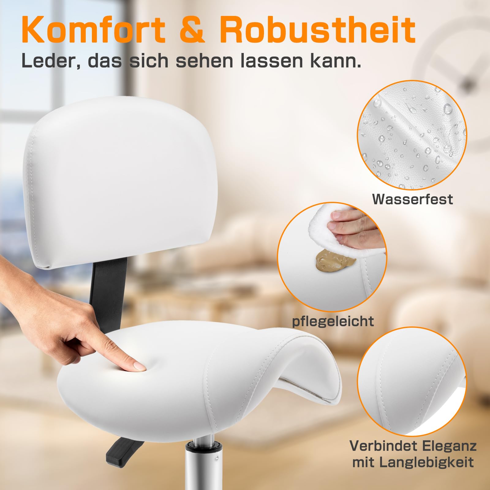 Sattelhocker mit Lehne – 360° drehbarer Hocker mit Rollen und verstellbarer Fußstütze | Sattelhocker mit Rollen höhenverstellbar 49-61 cm | Ideal für Büro, Salon und Kosmetik als Rollhocker (Weiß)