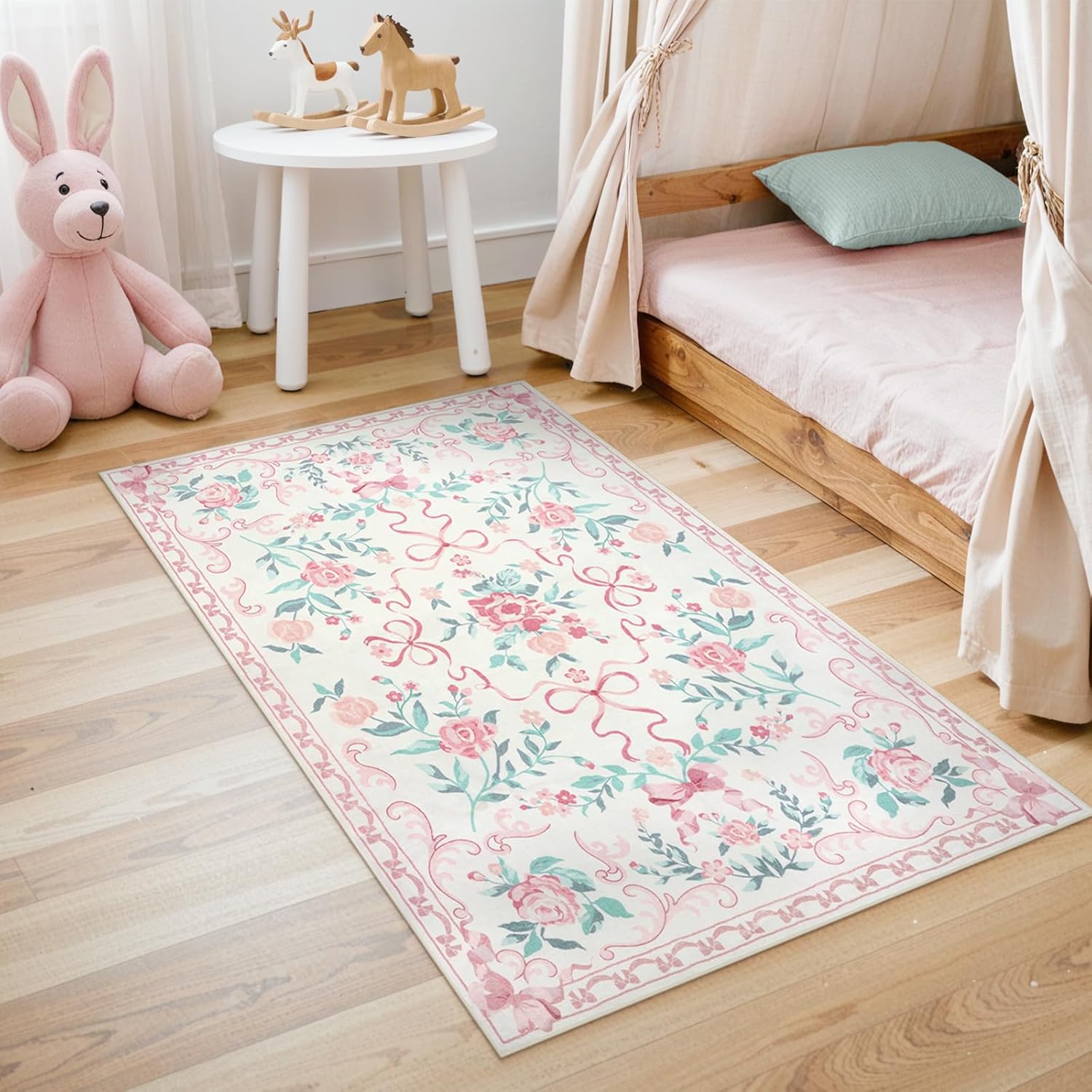 Collive 3x5 Nursery Rug, Boho Pink Floral Area Rugs Machine Washable, Soft Ultra-Thin Bow Carpet Non Slip for Girls Room Bedroom Entryway Playroom Living Room (Pink, 3' X 5') Pink / Multi 3' x 5' (Rectangular)