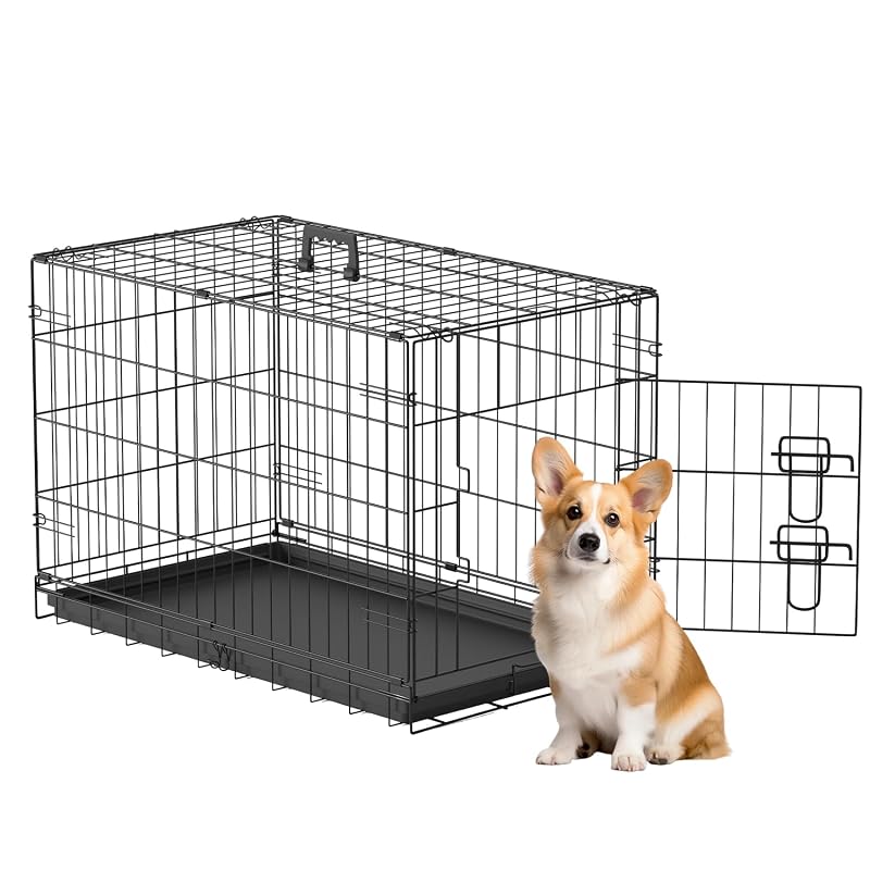 Gaiola dobrável de metal para cães FDW com porta única e bandeja removível preta para porte pequeno e médio — 76,2 cm