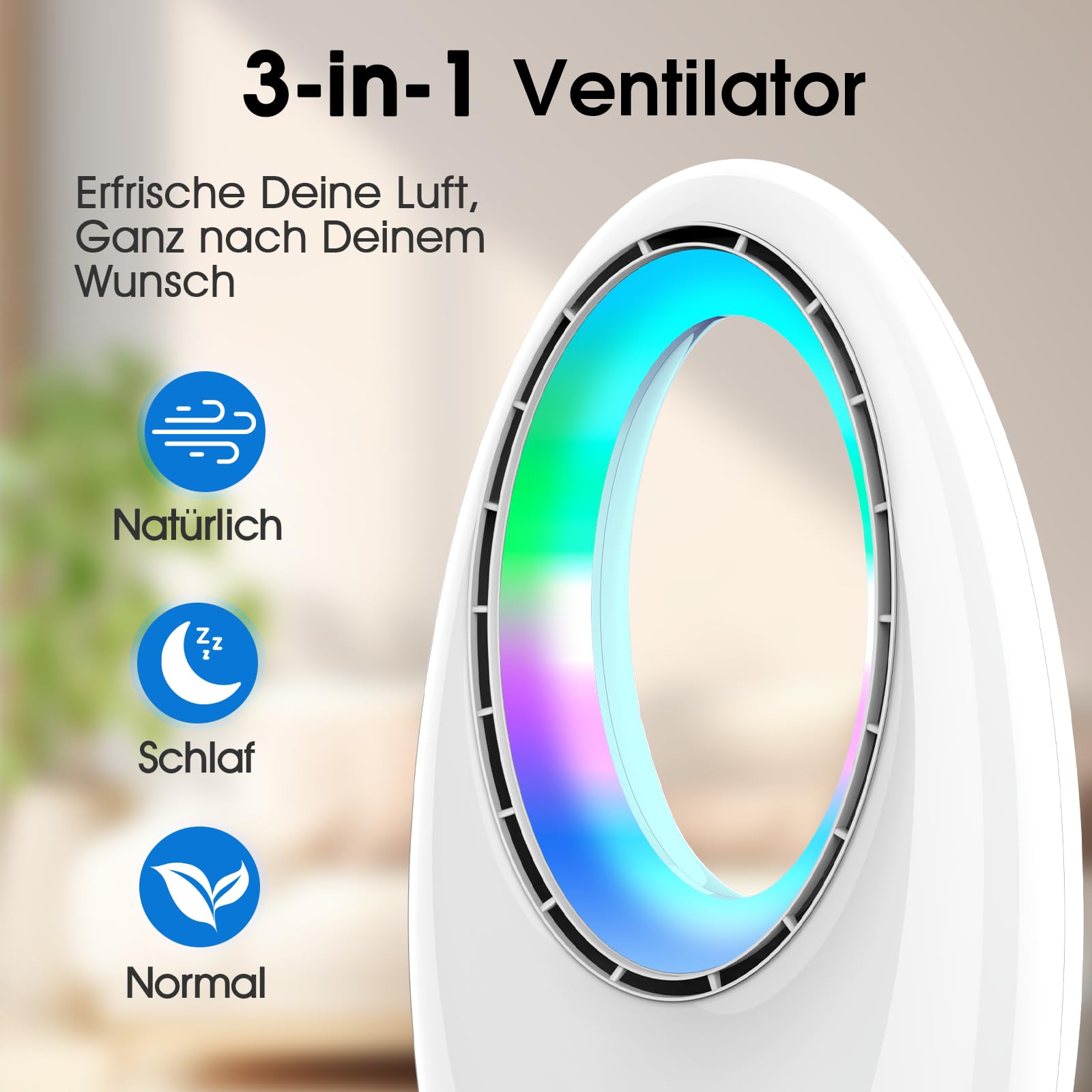 Ventilatore a Torre Senza Pale Silenzioso con Telecomando, 24 Velocità, 3 Modalità, Oscillazione 75°, Timer 12H, Illuminazione LED 4 Colori, per Camera da Letto, Ufficio e Soggiorno (Bianco1)
