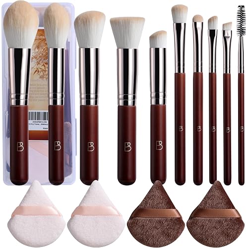 BS-MALL 10 Pcs Travel Makeup Brush Set With Super Soft Triangle Puffs - Professional Foundation Brush & Blush Brush - Multi-purpose Makeup Brushes For Daily Use & Gifts - Portable Makeup Brush Case