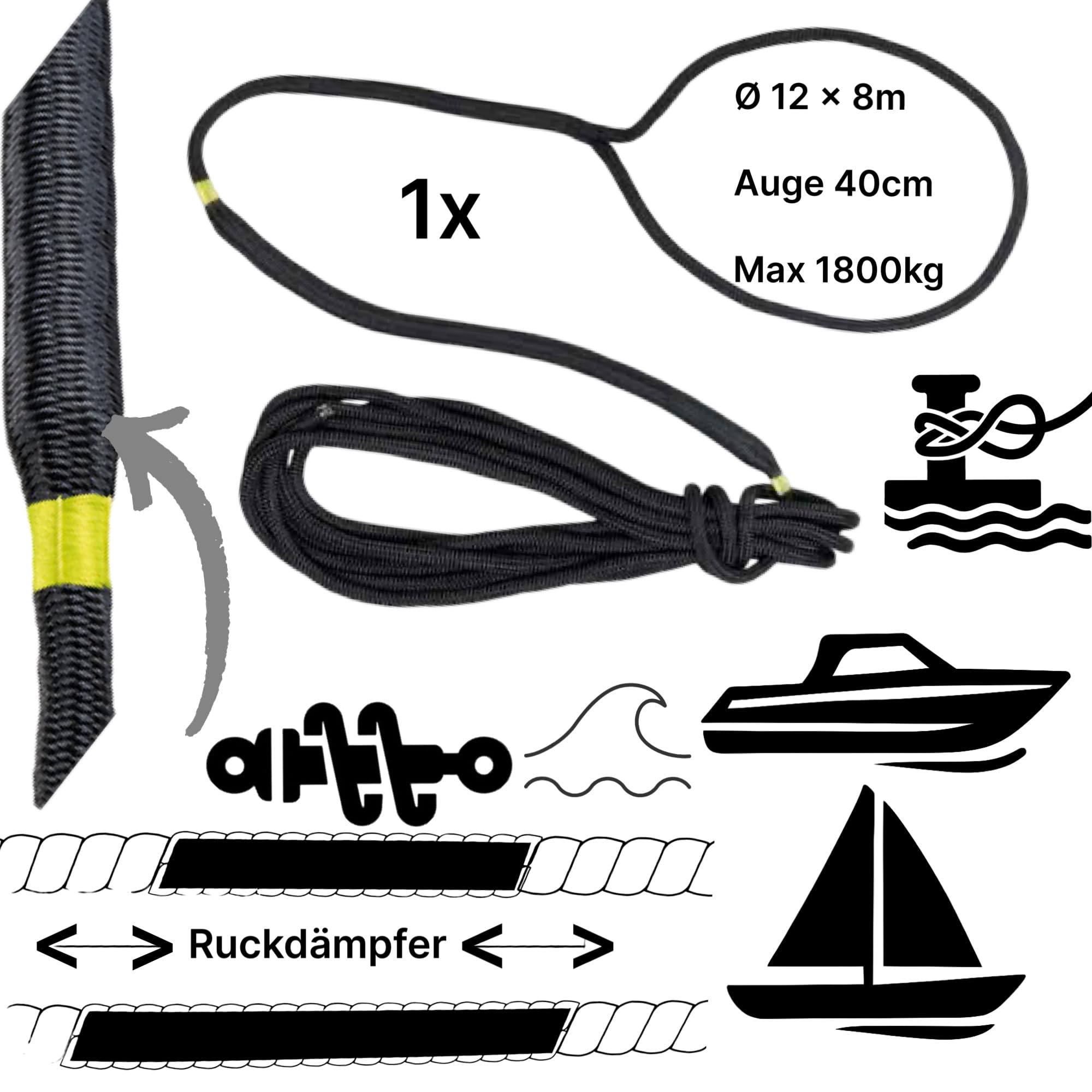 Corda da ormeggio per barca, con ammortizzatore, 12 mm x 8 m, nero | Guinzaglio con occhiello per yacht, barca a vela, barca a motore, barca sportiva e barca domestica