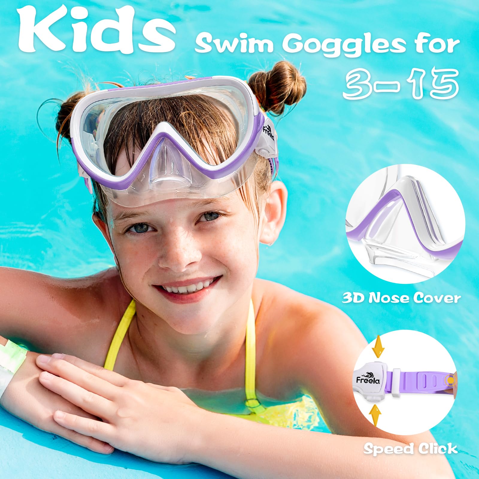 Freela Gafas de natación para niños de 3 a 15 años con cubierta de nariz, lente de vidrio templado antivaho, sin fugas, máscara de buceo de visión clara de 180°