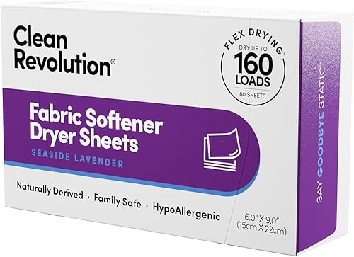 Clean Revolution Hojas de secadora suavizantes de tela, 80 hojas, 160 cargas, lavanda junto al mar, derivado de forma natural, seguras para la piel