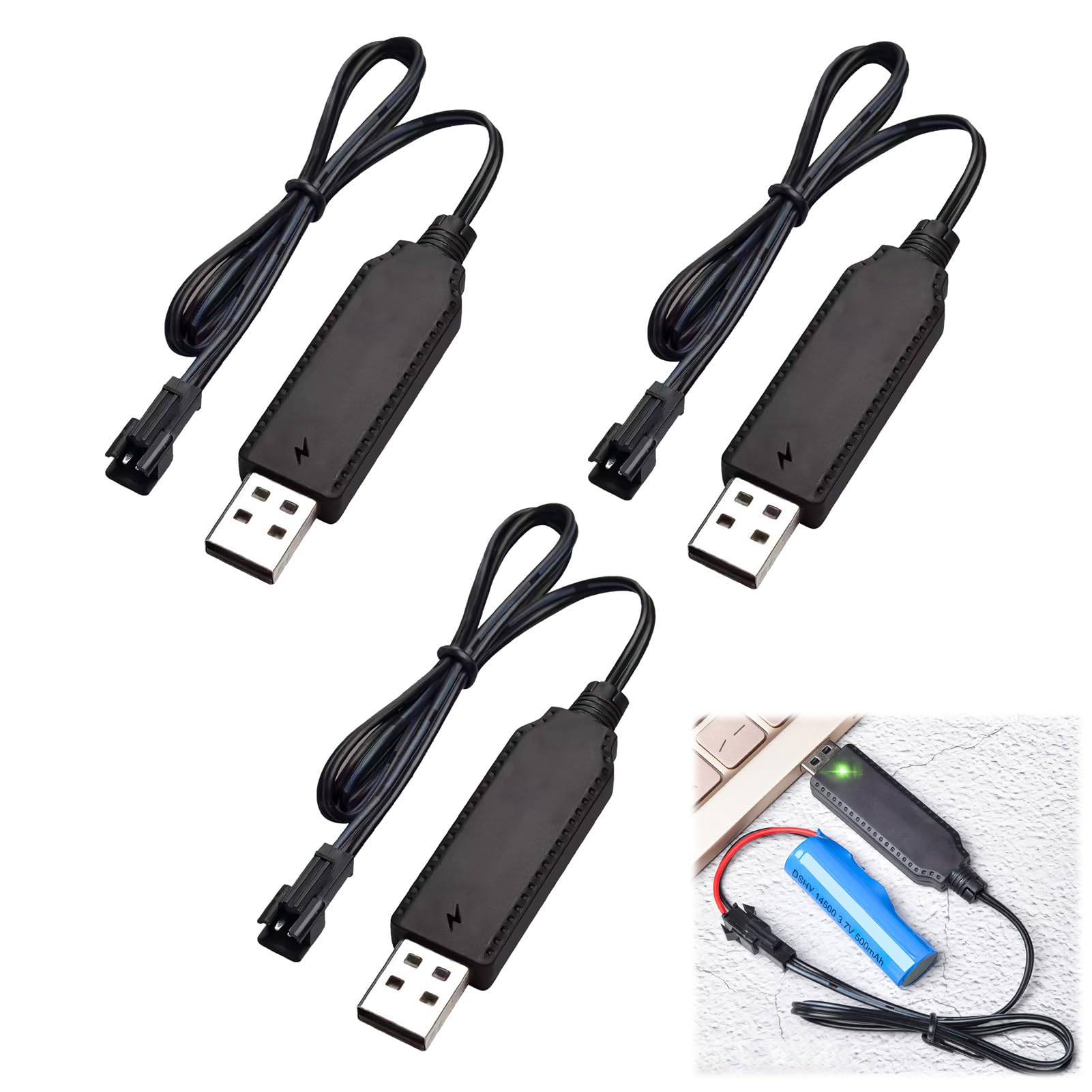 3Pcs 3.7V USB Charger Cable USB charger for RC with SM-2P Connector Lithium Battery Charging Cable LED Indicator for RC Cars Drones Quadcopters, Compatible with NiCd NiMH LiPo Batteries Child Toy Car