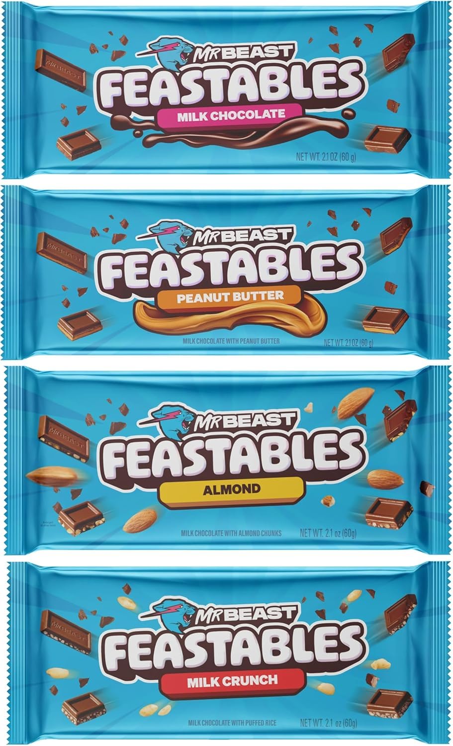 Mr Beast Feastables Chocolate Bar Variety Pack – 4x60g (Milk Chocolate, Almond, Milk Crunch, Peanut Butter)