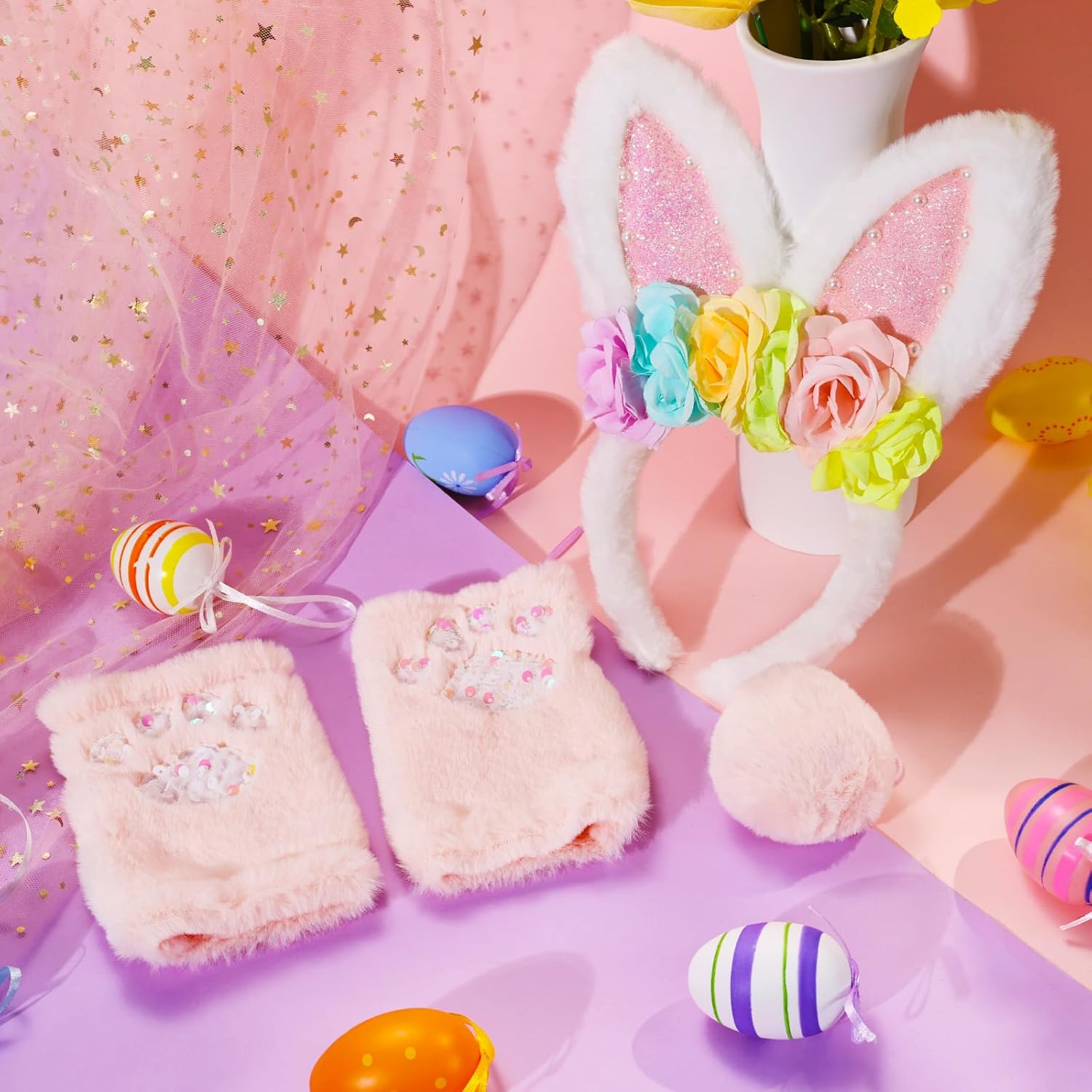 PinkSheep Easter Bunny Ears and Tail for kids,Bunny Headbands with Pink Bunny Gloves/Easter Bakset and Bunny for Girls