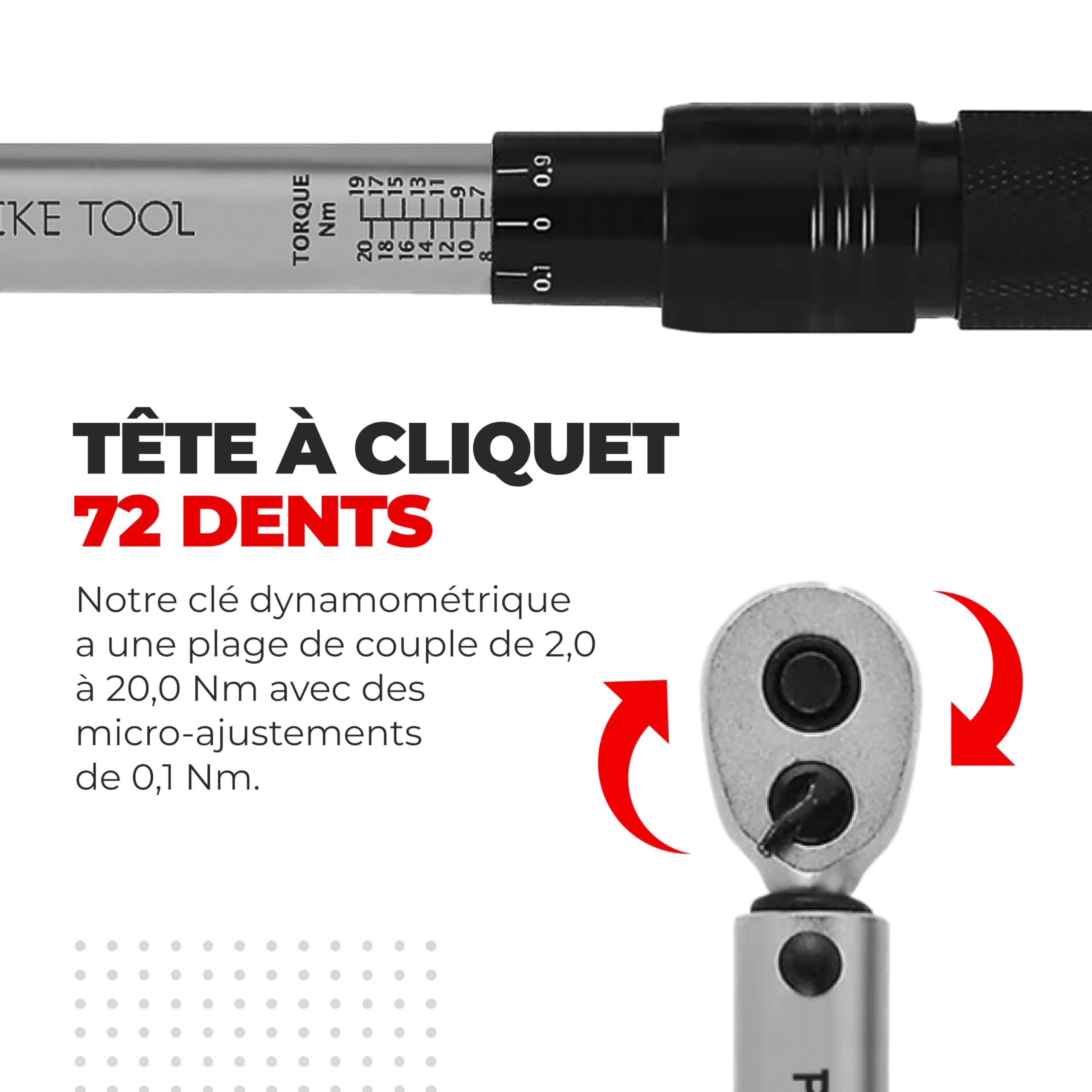 Clé dynamométrique pour vélo et moto, entraînement 1/4" avec cliquet et rallonge, plage de mesure 2 à 20 Nm, outil de précision comprenant clé hexagonale hexagonale et embouts torx pour vélo de route,