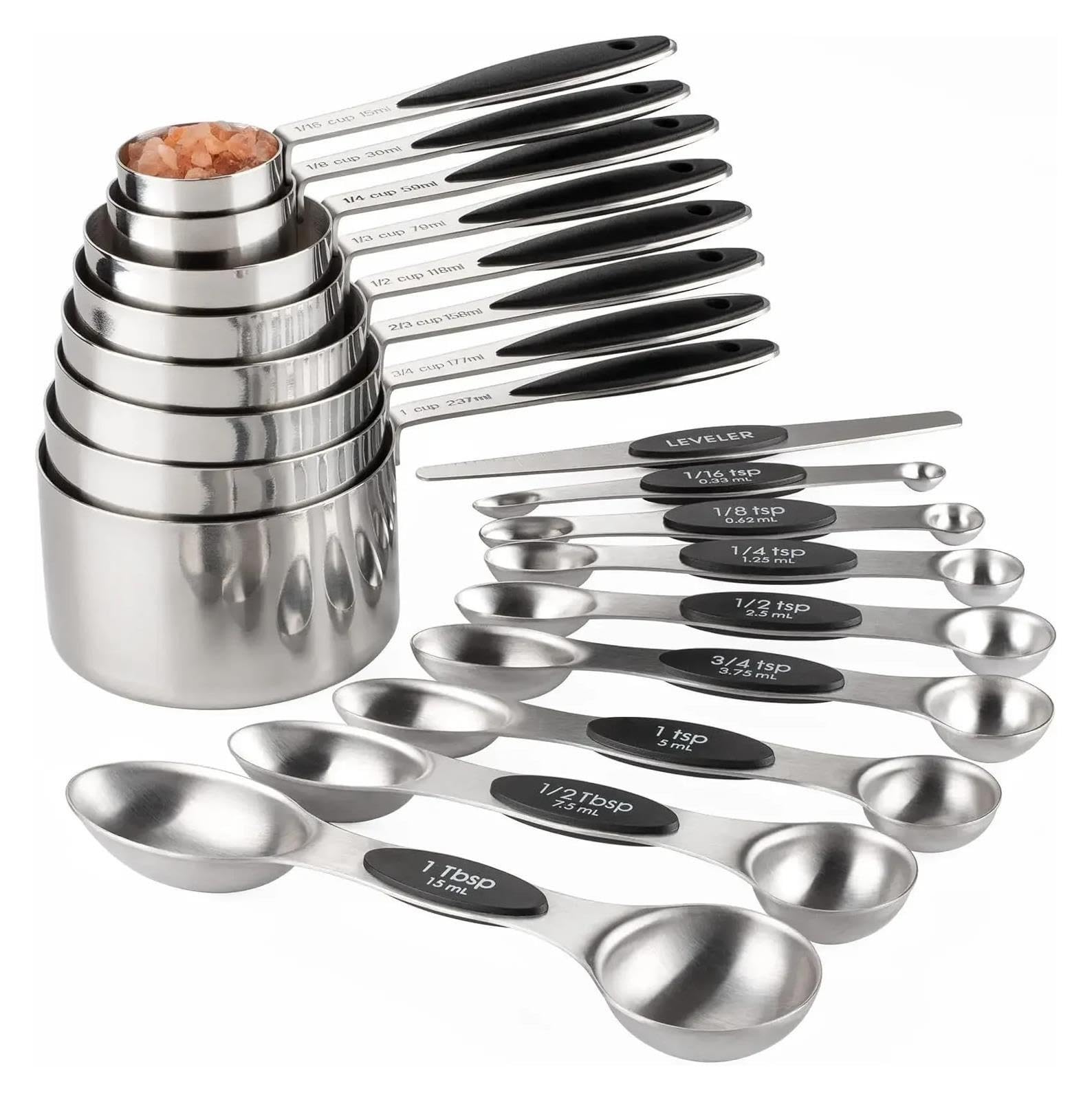 Set 17pcs tasses et cuilleres doseuses inox avec cuilleres magnetiques