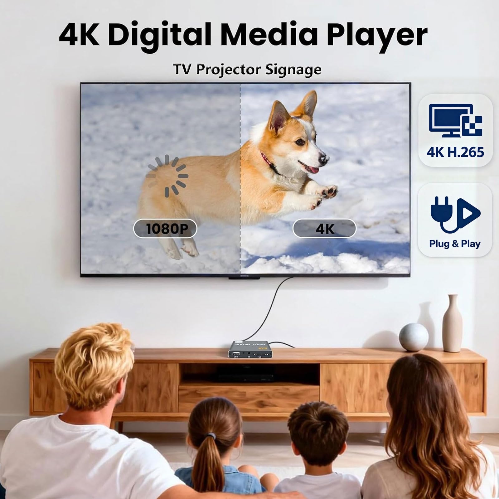 Cyfrowy odtwarzacz multimedialny 4K Ultra HD, TV MP4, odtwarzacz wideo, mini Digital Signage, HDMI, do napędu USB/karty SD, H.265/HEVC, automatyczne odtwarzanie, z wyjściem AV (szary)