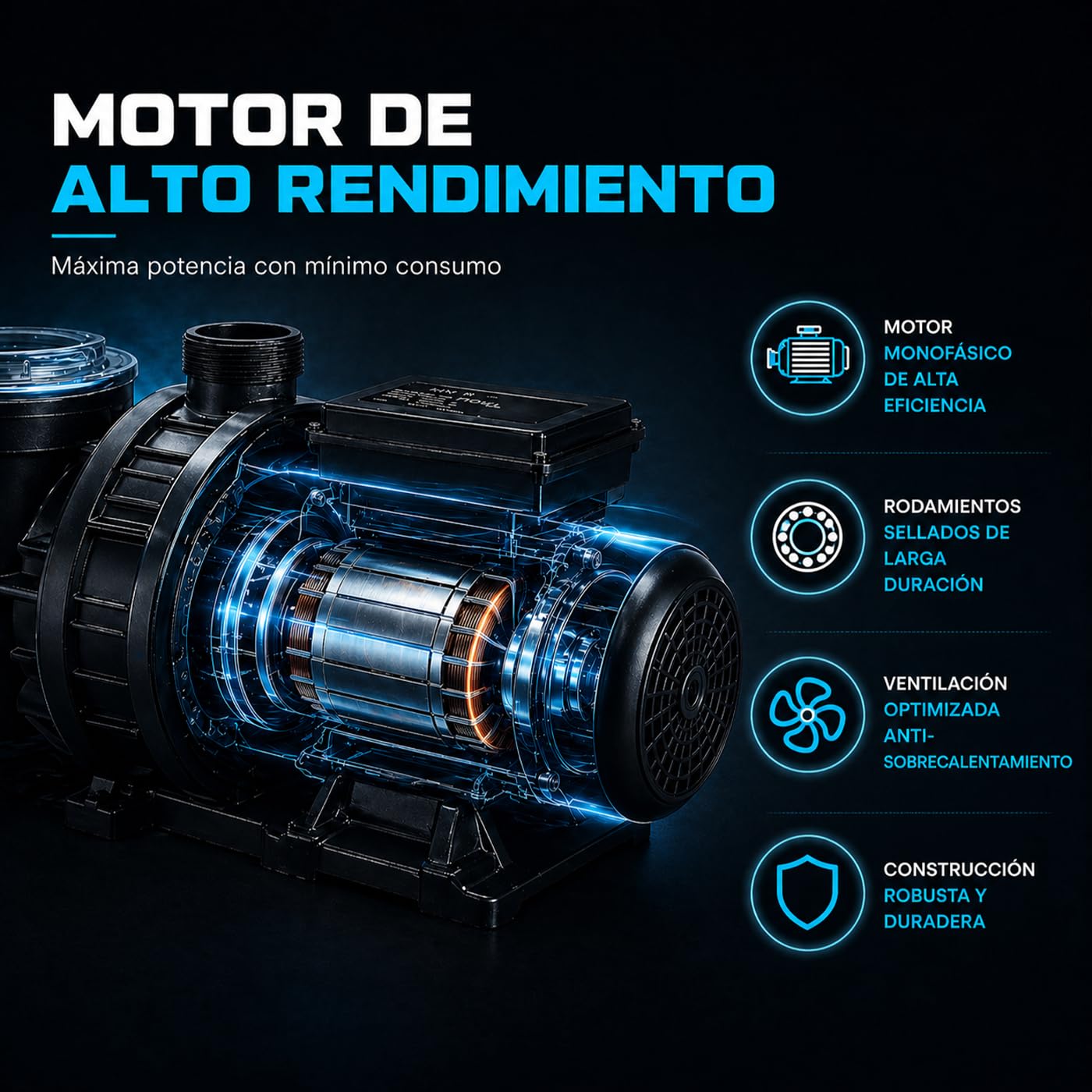 Nix Pool Bomba para Piscina Pro Max 100M Filtración 23400 L/h, Motor de Alta Potencia, Prefiltro de Gran Capacidad, Compatible con Espa Silen antigua y Espa Nox, Bomba de Piscina 1100 W
