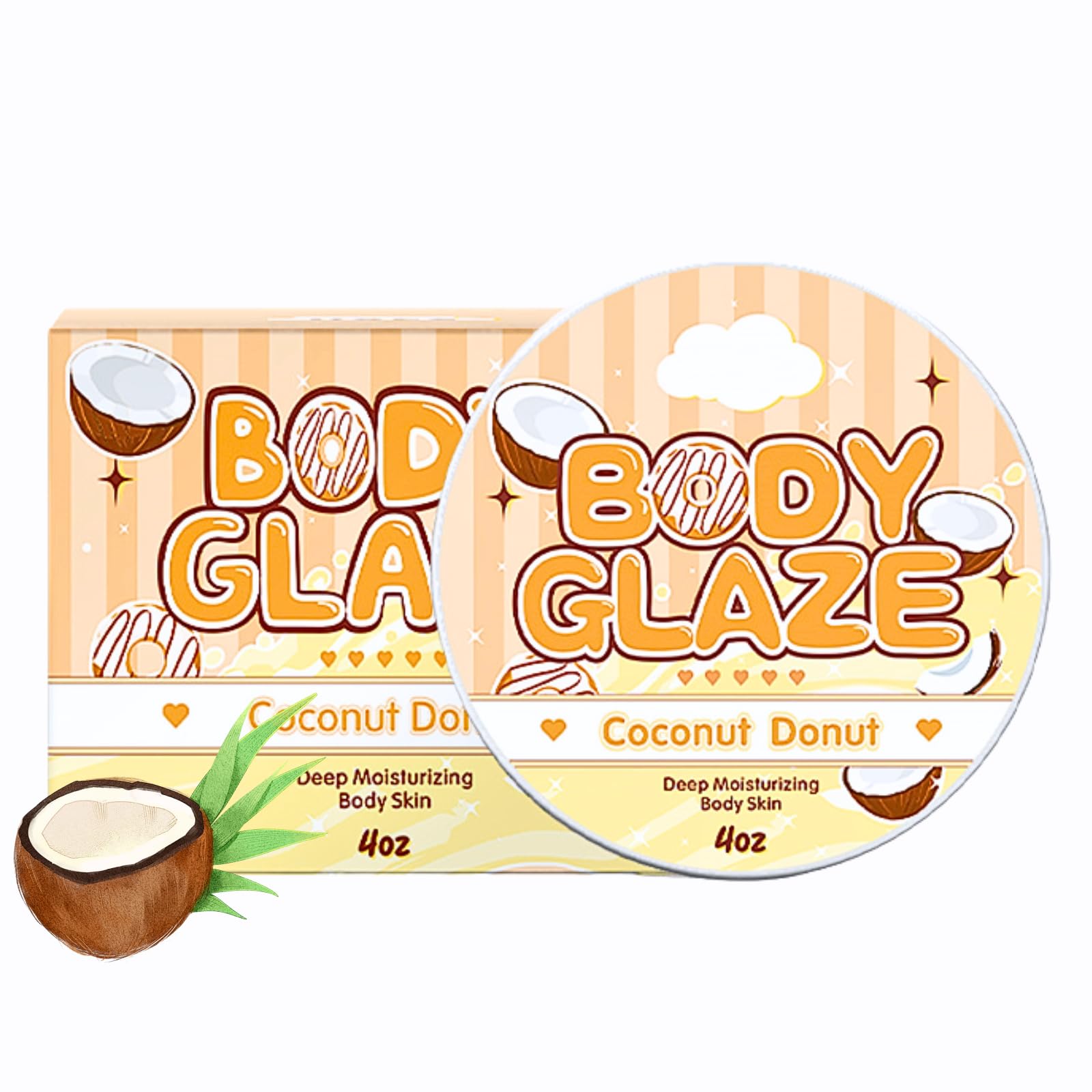 Coconut Body Butter, Body Moisturiser for Dry Skin, Body Cream Butter with Organic Shea Butter & Jojoba Oil, Nourishing Body Glaze Body Skin Care, Natural Perfume Moisturising Body Creams, 4.OZ