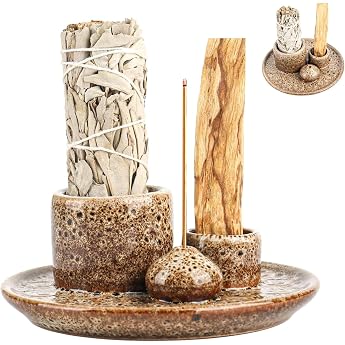 4 in 1 Incense Bowl for Palo Santo Incense Burner Holder Ceramic Incense Bowl for Any Incense Palo Santo Incense Sticks White Sage Incense Cones Palo Santo Sticks