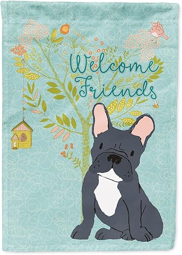 Caroline's Treasures BB7632GF Bandera de jardín con texto en inglés Welcome Friends de Bulldog francés negro para buzón, bandera decorativa para