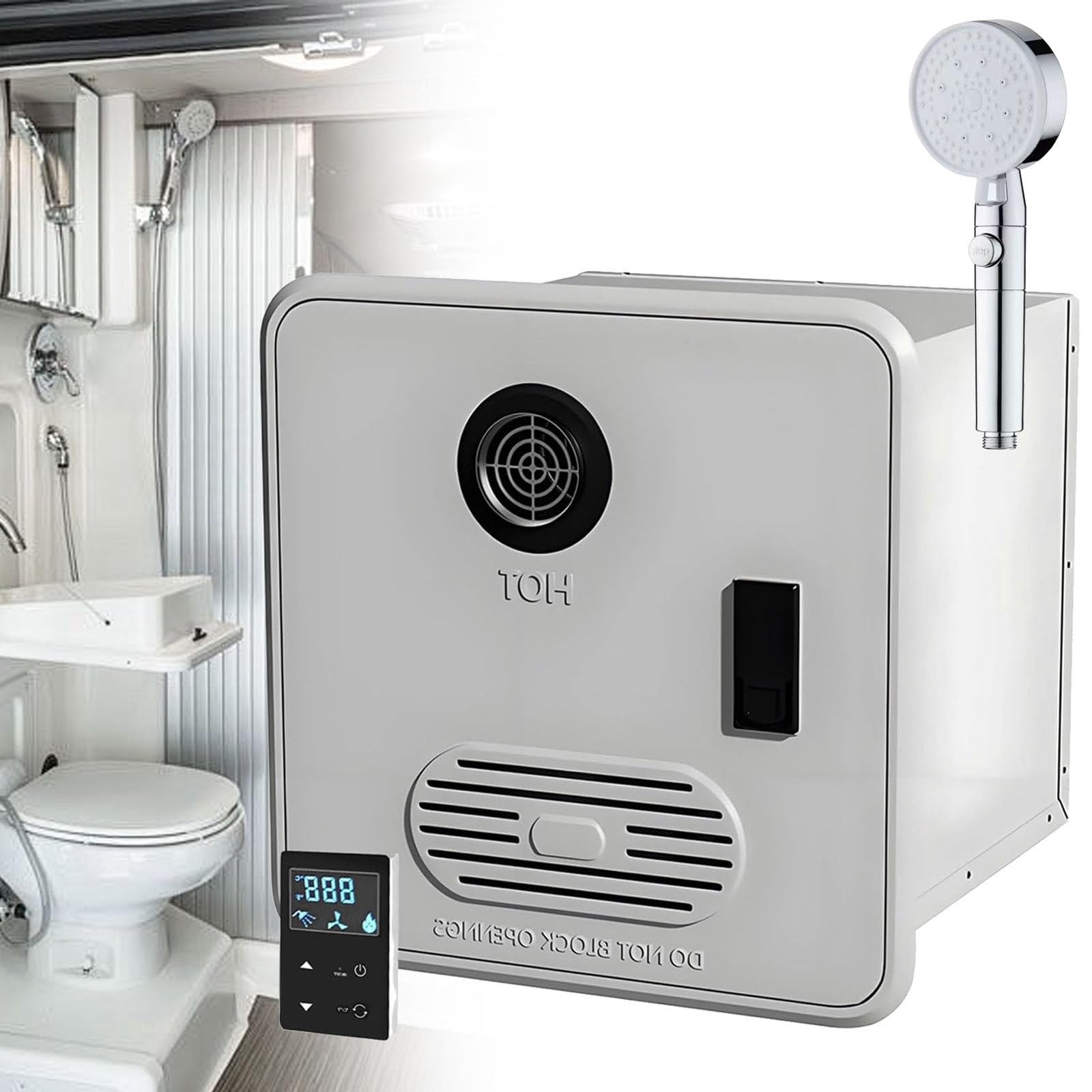 Warmwasserbereiter Für Wohnmobile, Elektrischer, Tankloser Warmwasserbereiter Für Wohnmobile, Mit 15 X 15 Zoll Großer Tür Und Fernbedienung, Beste Leistung in Großen Höhen, 12V WithShowerHead-White