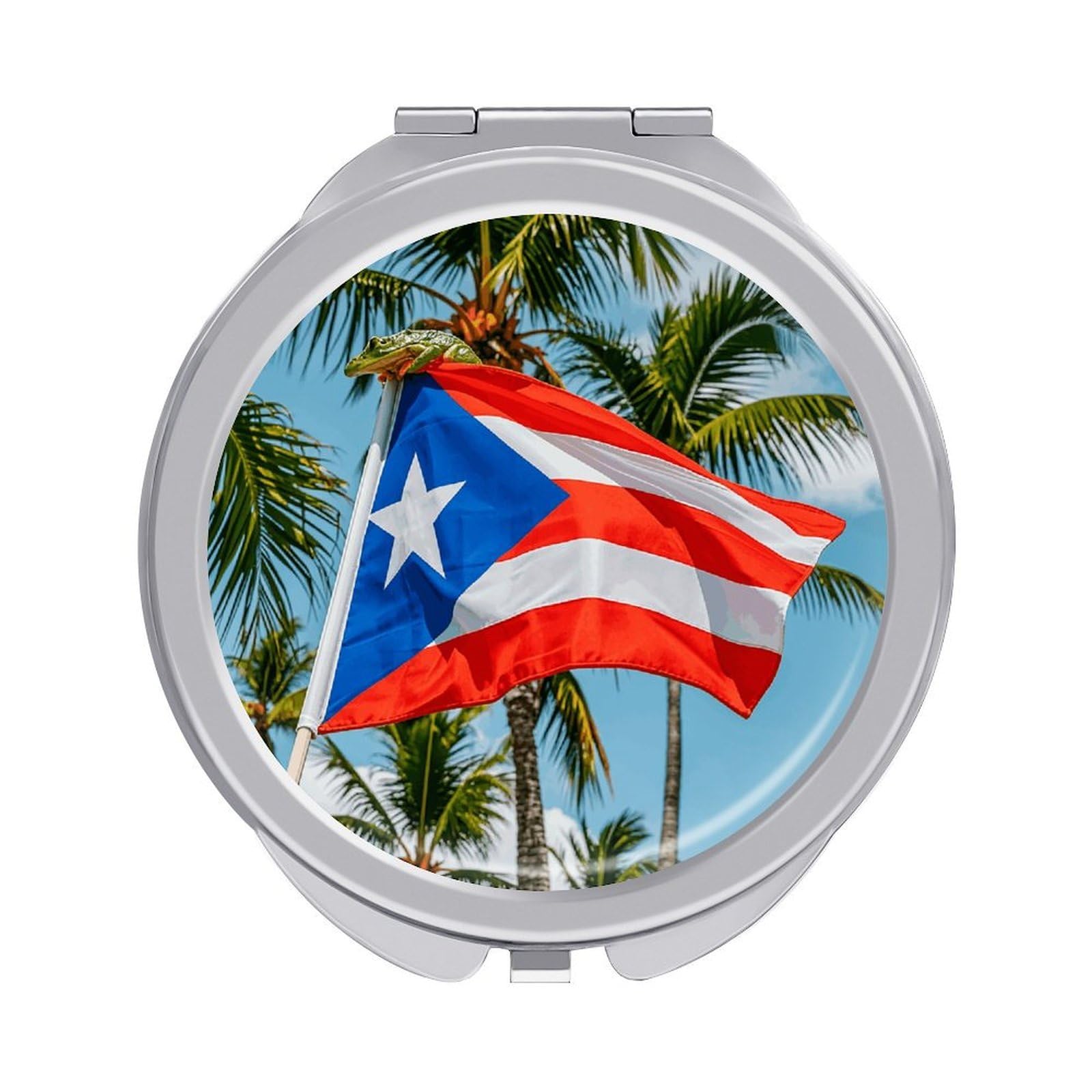JTREHY Puerto Rico Flags Frog Palm Trees Makeup Mirror Portable Folding Mirror Compact Travel Mirrors 2-Sided Round Pocket Mirrors Cute Handheld Beauty Mirror for Handbag Purse for Women Gift