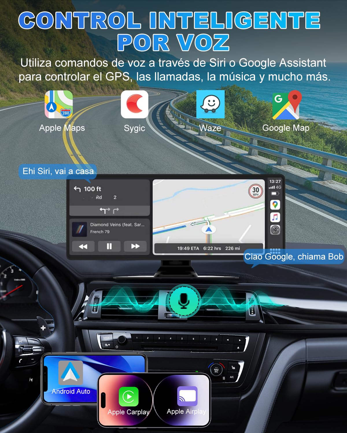 Pantalla Coche, 10.26" Pantalla Carplay Coche para Apple y Android con Cámara Trasera y Delantera HD 1080P, Navegación GPS, Sonido Premium, Control por Voz, Encendedor de Coche de Doble Puerto, AUX
