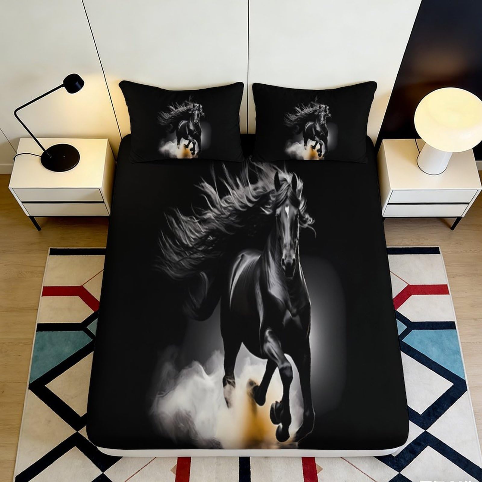 Pnayamiorkfel Style-5 3D Printed Black Horse Fitted Sheet Microfiber Soft Anti-Slip Wild Stallion Bed Cover For Bedroom Guest Room Decor 90X200x25cm