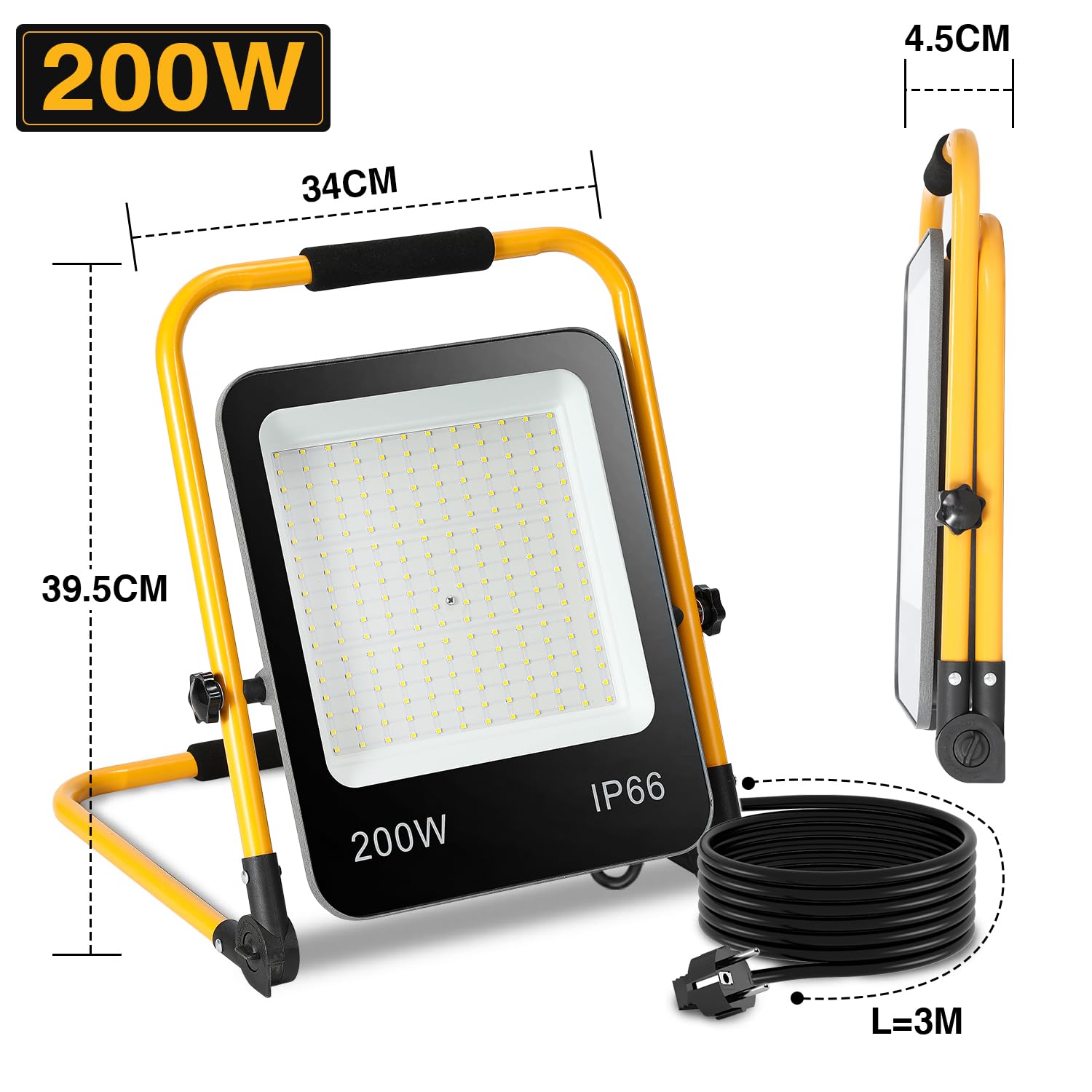 LED foco de construcción 200W, 2x, 5100LM foco de luz de trabajo, IP66 impermeable luz de trabajo portátil 6000K blanco frío lámpara de construcción, cable 3M y soporte plegable para obra