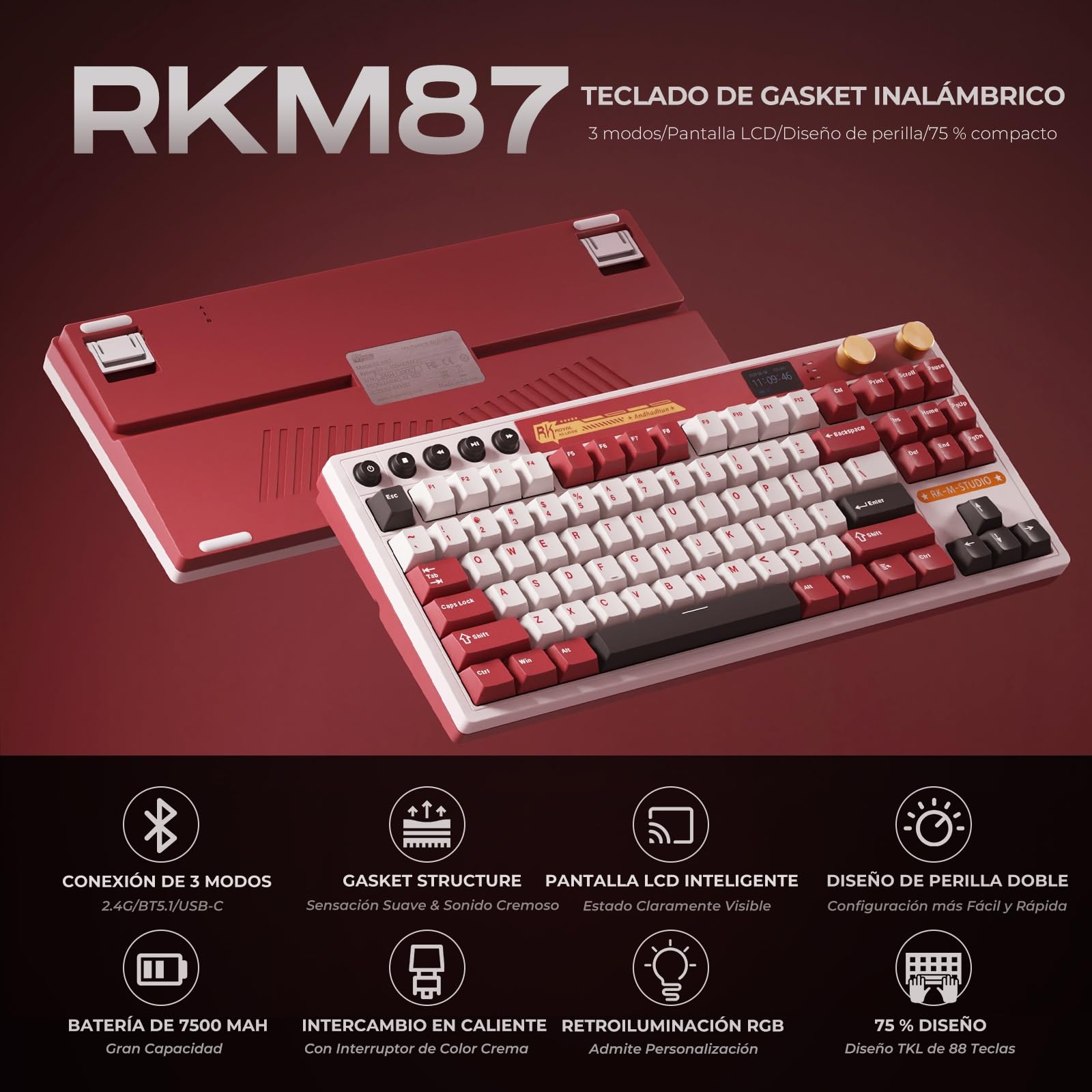 RK M87 Teclado US 75% Gasket BT/2.4G/USB-C Pantalla Dual Knob RGB Hot-Swap