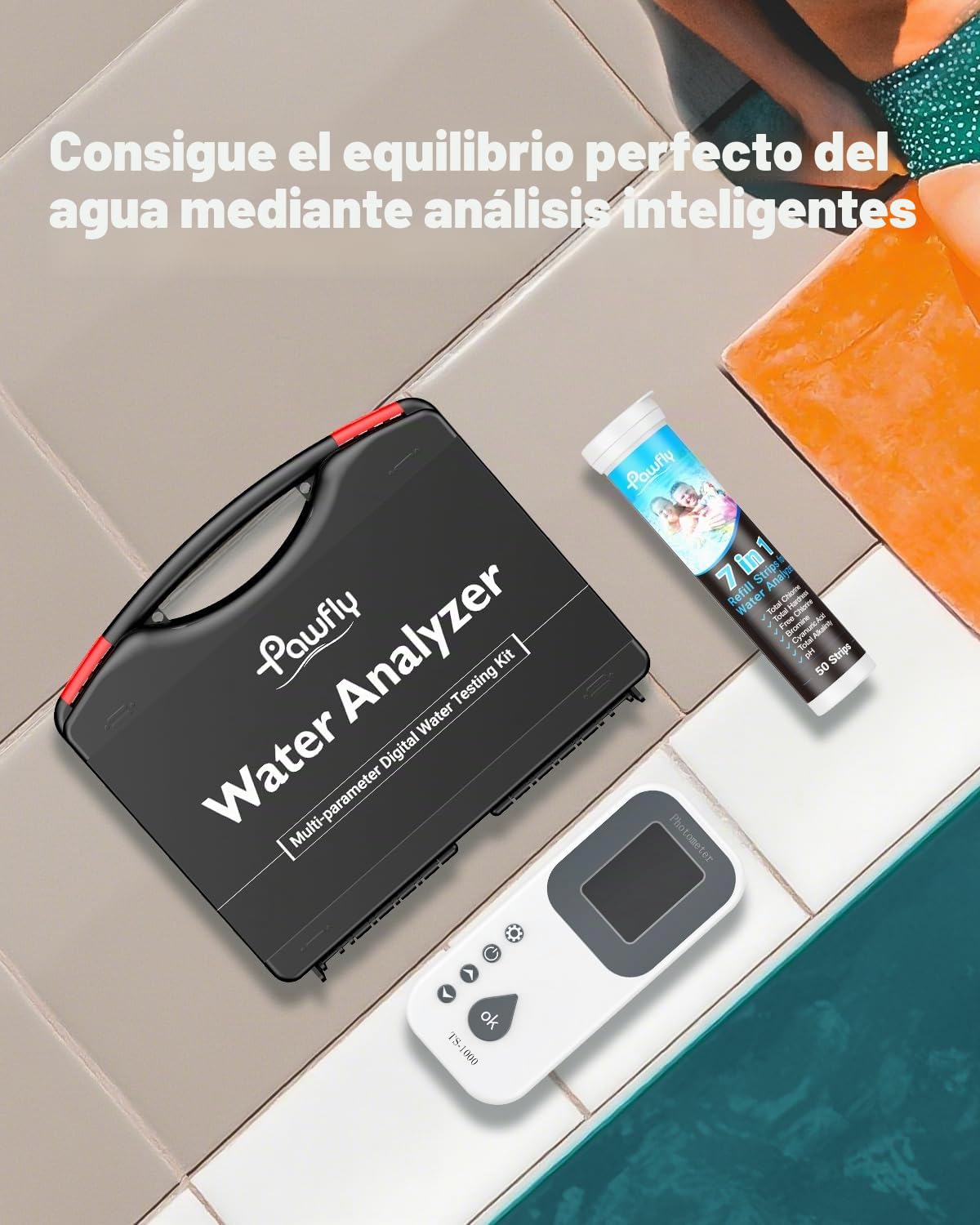 Pawfly Kit Digital de Análisis de Agua 7 en 1, 50 Tiras para Spa, Analizador Digital para Piscinas pH Dureza Total Cloro Total Cloro Libre Alcalinidad Total Ácido Cianúrico y Bromo