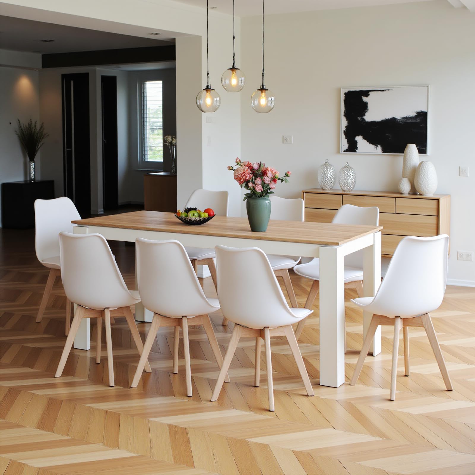 Set da pranzo scandinavo con 8 sedie bianche e tavolo da 160 cm, mobili moderni per un'elegante decorazione della casa, soluzione elegante e funzionale per sala da pranzo