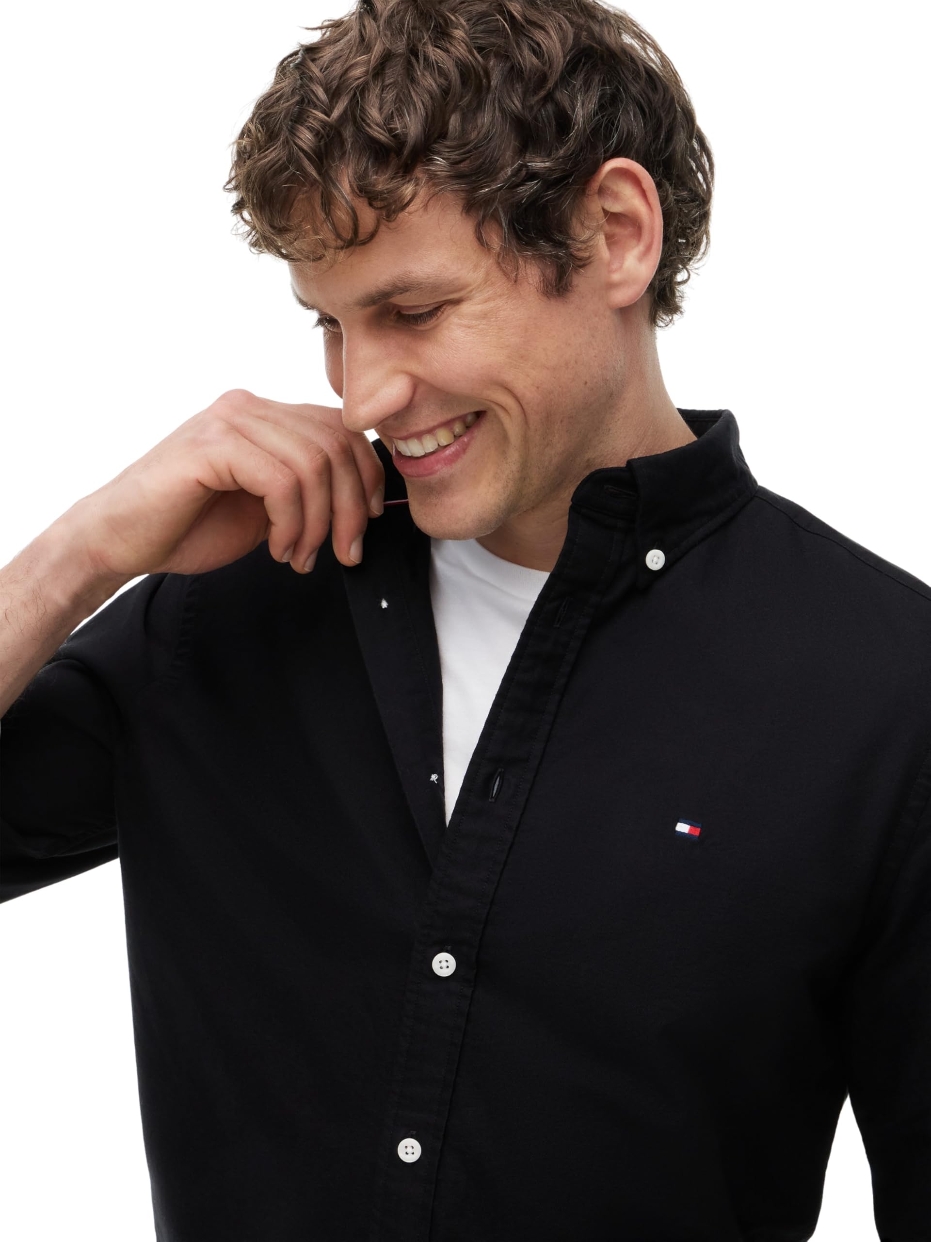 Tommy Hilfiger Koszula męska Solid Heritage Oxford RF MW0MW35774 L/S, czarna, L, Czarny (czarny/czarny jednolity), L