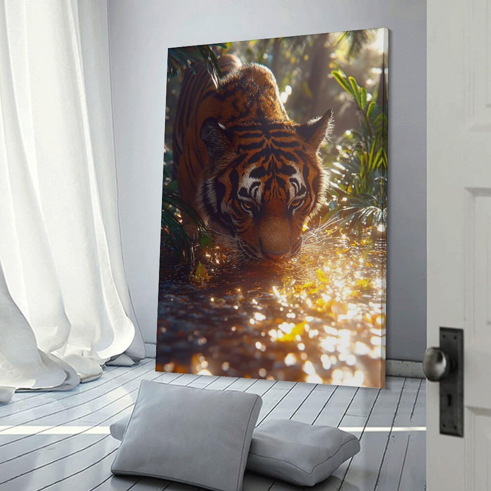 Junmoney Room Decor Wall Art Tiger Drinking Water in Jungle, 16x24inch(40x60cm), for Hallway, Bedroom Or Modern Interiors, Gift Idea for Housewarming And Birthdays