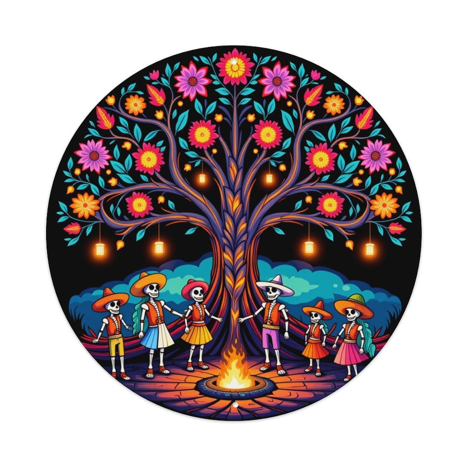 Jdfenggu Vintage Colorful Tree Skeletons Fire Dance Retro Metal Tin Sign, Metal Poster For Bar, Home, Man Cave, Kitchen, Laundry Room Art Decor 8X8 Inch