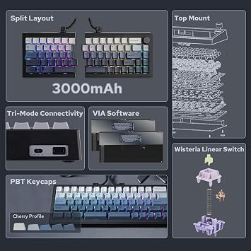 EPOMAKER Split65 QMK/VIA Programmable Keyboard 2.4Ghz/Bluetooth/Type-C Wireless Mechanical Keyboard with RGB Backlit Split Layout Ergonomic Gaming Keyboard Wisteria Linear Switch | RGB Backlit Split Layout Ergonomic Gaming Keyboard Wisteria Linear Switch