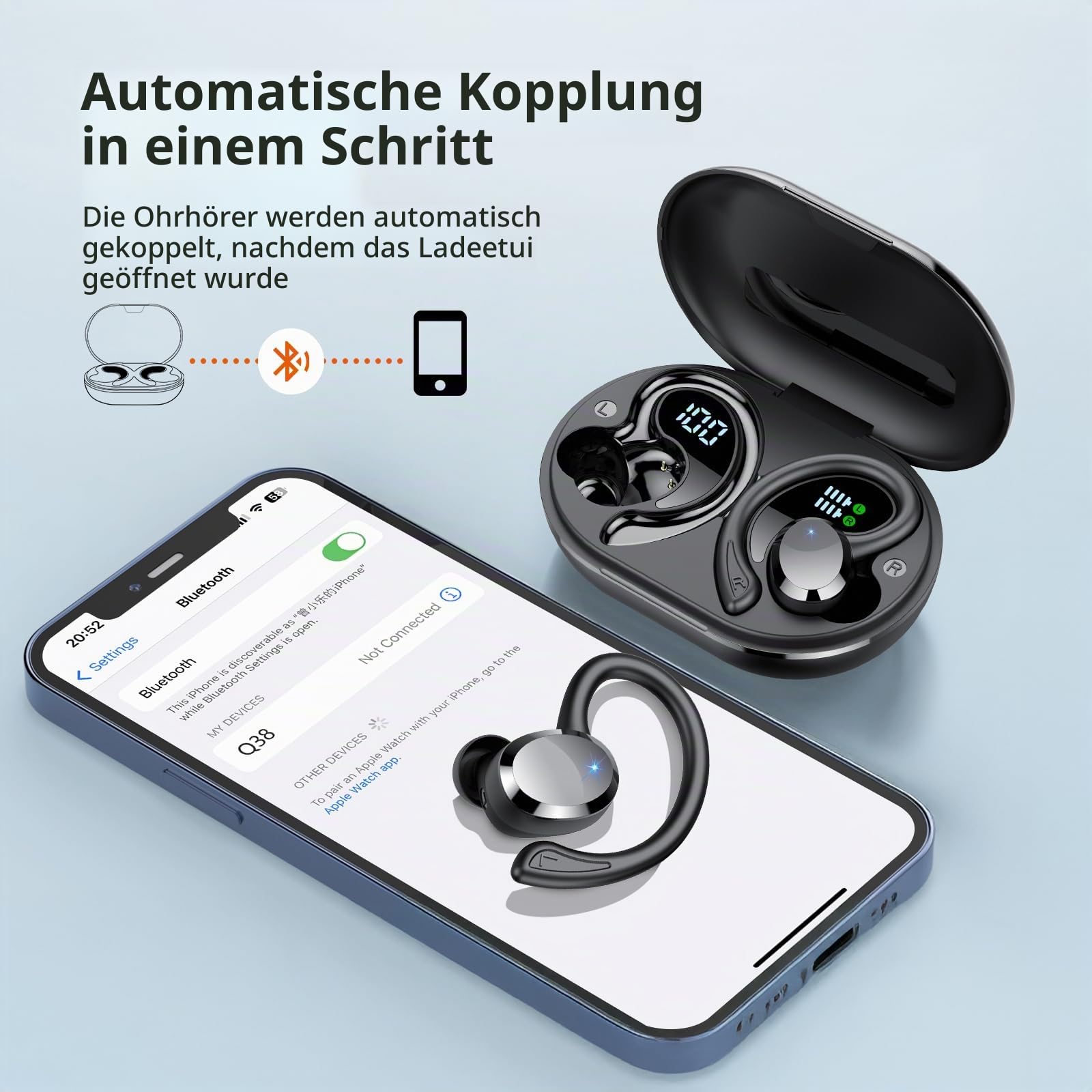 Bluetooth Kopfhörer Sport, Kopfhörer Kabellos Bluetooth 5.4 mit 4 ENC Noise Cancelling Mic, Kabellose Kopfhörer Hi-Fi Stereo Tiefer Bass Wireless Earbuds, IP7 Wasserdicht Ohrhörer LED Anzeige