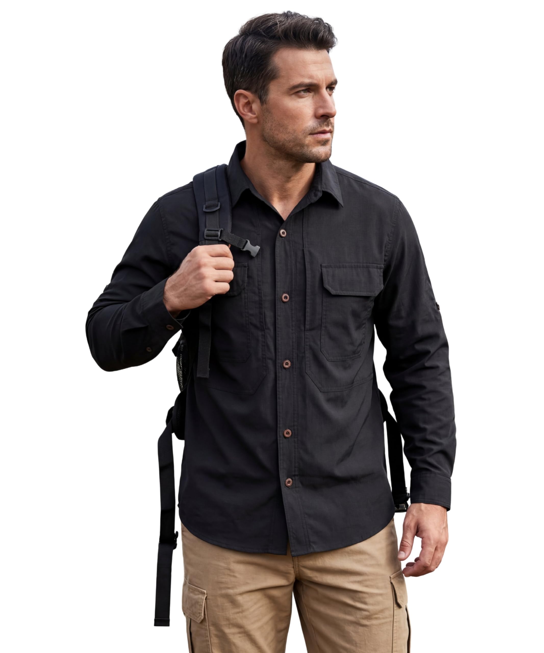 Herren Outdoor Langarm Hemd Funktionshemd mit Taschen Safari Sportshirt Atmungsaktiv Schnelltrocknend Shirts Casual Button Down Hemden Trekking Outdoorhemd