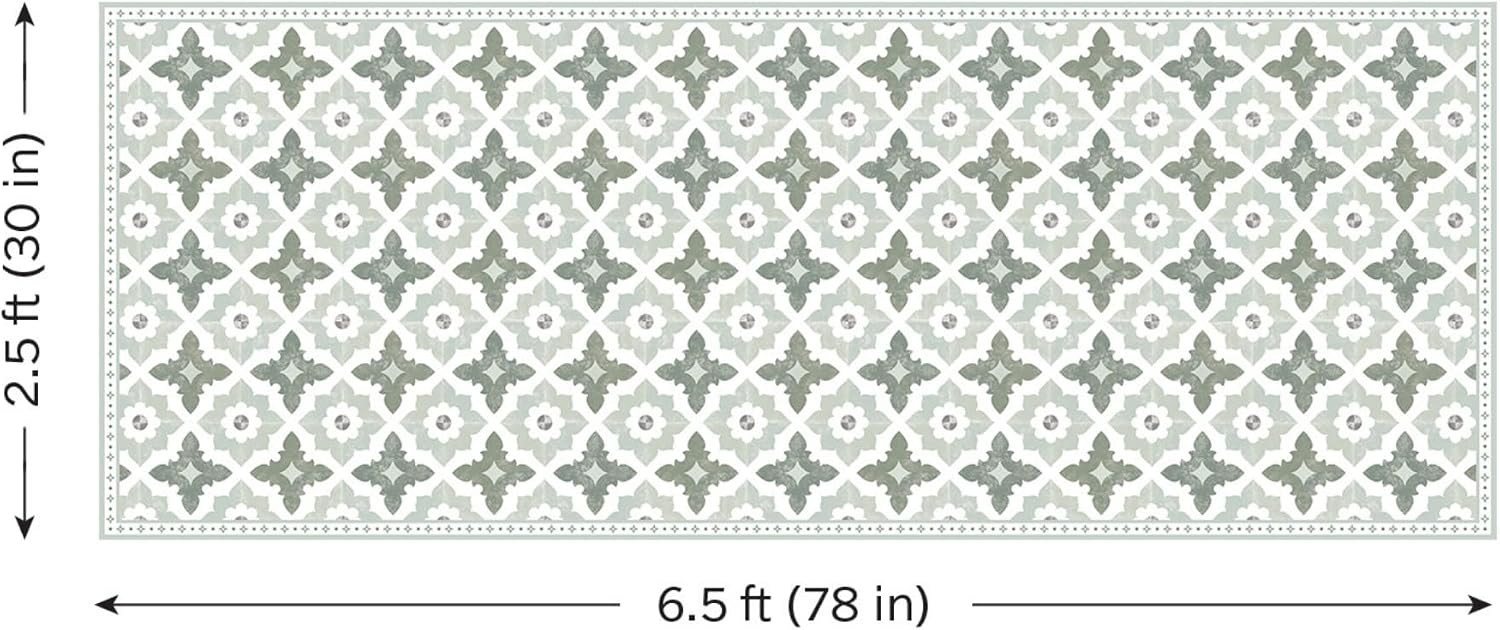 Carolina Creekhouse Vinyl Floor Mat 2.5'x6.5' - Sage Green Geometric Floral - Waterproof Non-Slip Kitchen Rug - Hard Floor Safe - Eco-Friendly Flat Weave - 2.5'x6.5'